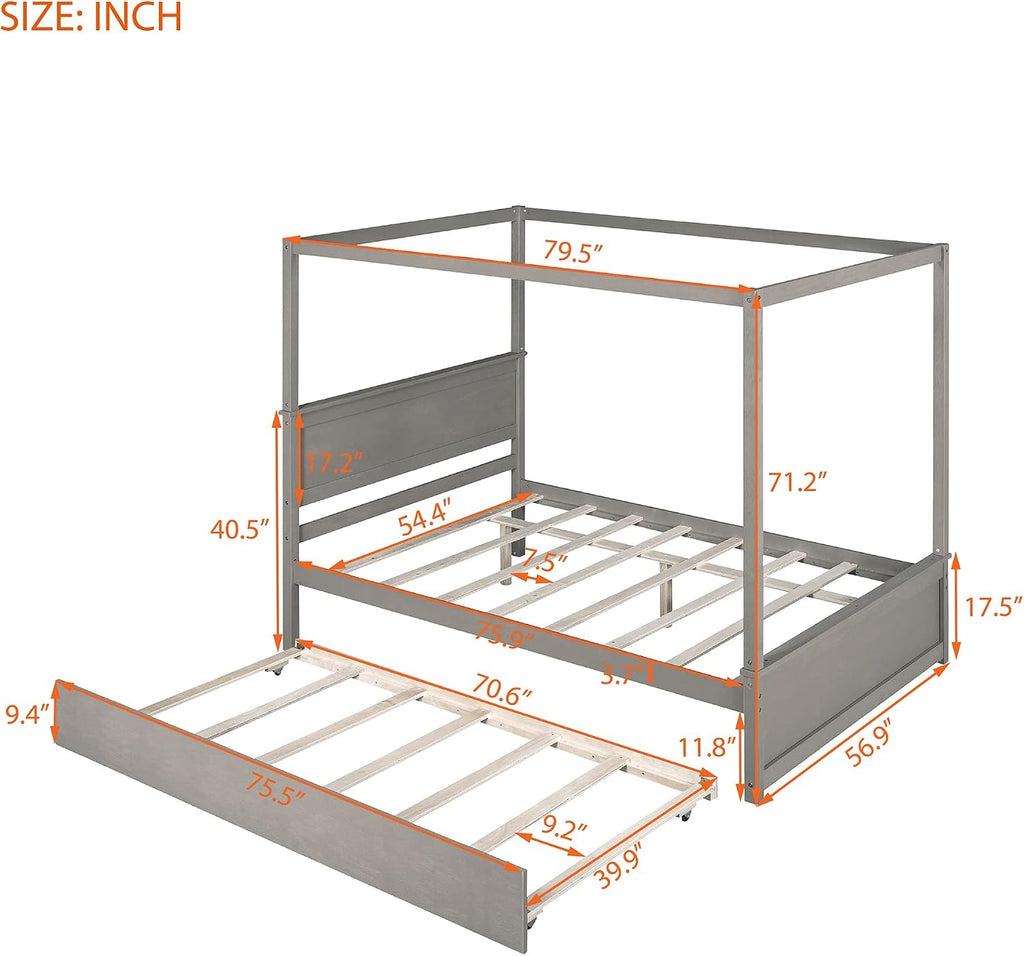 Full Size Wood Canopy Bed with Trundle Bed and Two Nightstand, Modern Bedroom Set for Kids Girls Boys Teens,Can Be Freely Decorated (Light Brown+Bedroom Set)
