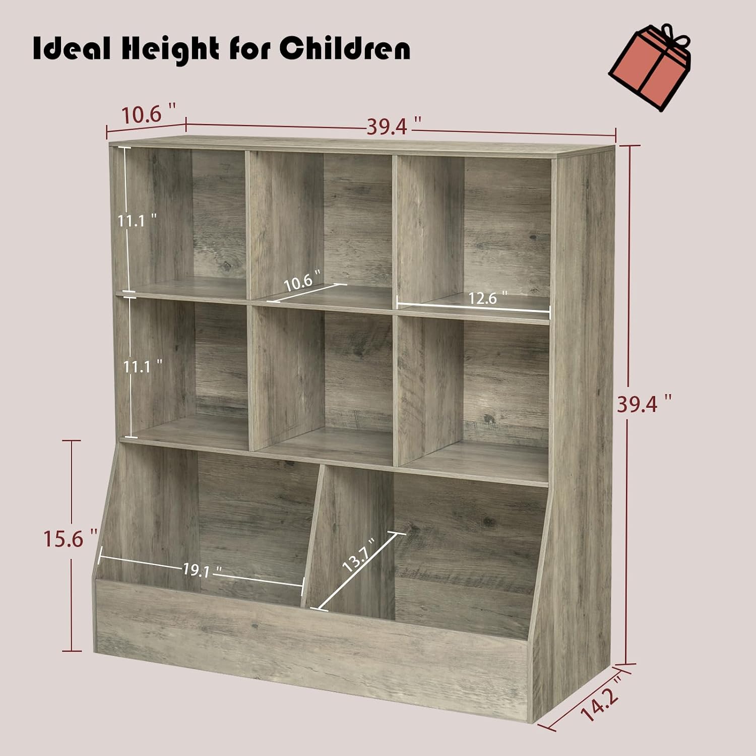 DINZI LVJ Toy Storage Organizer, Kids Bookshelf, Wood Toy Storage Cabinet, 3-Tier 8 Cubby Children Bookcase, 39.4' L Toddler Book Shelf for Playroom, Living Room, Nursery, Classroom, Gray Wash