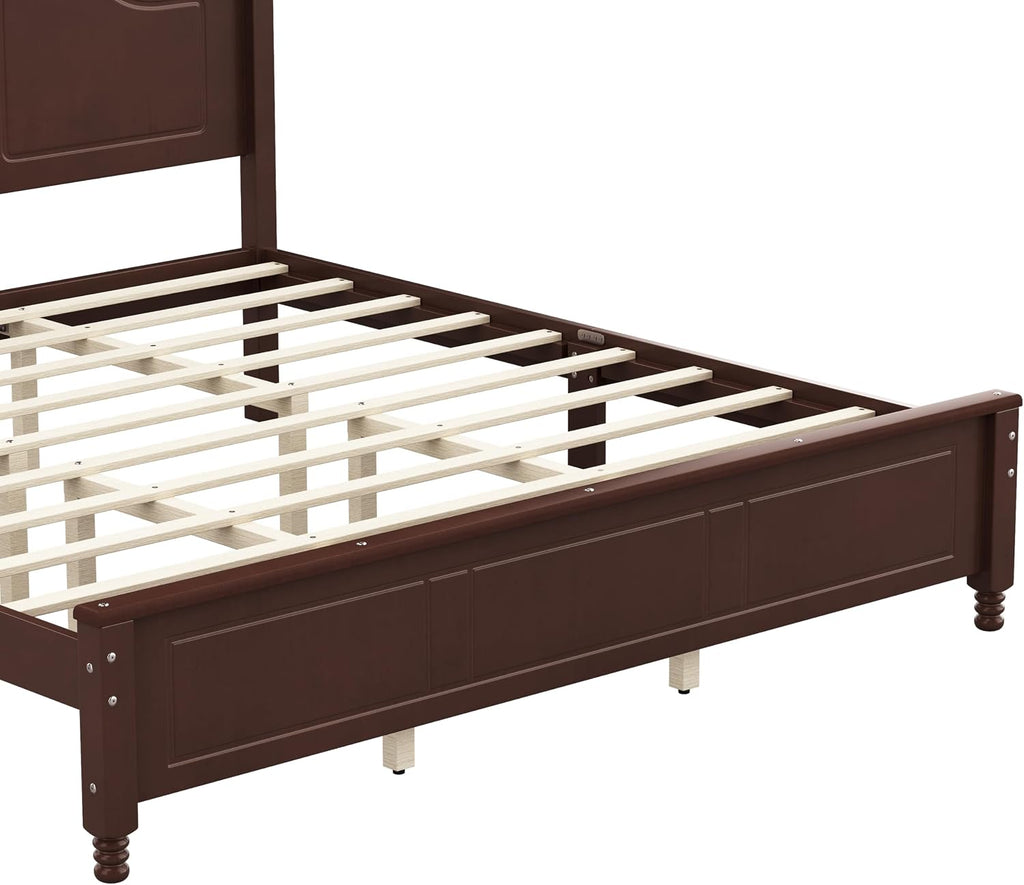 JIVOIT Wood King Bed Frame with Headboard and Footboard, Retro Style Platform Bed with Wooden Slat Support, Solid Wood Foundation, King Size Wooden Bed Frame (Dark Walnut,King Bed, 1)