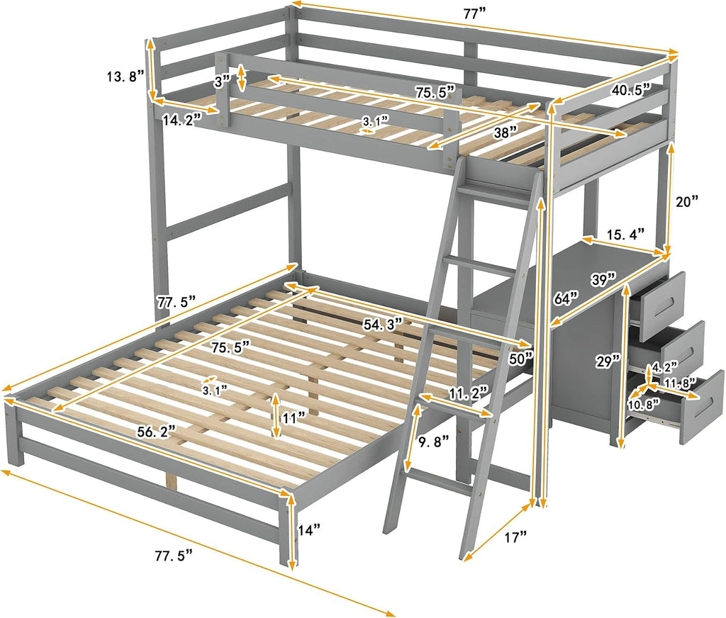 Twin Over Full Bunk Bed with Built-in Desk and Three Drawers,Modern Solid Wood Separate Bed Frame w/Head/Footboards & Guardrail,Easy to Assemble,for Bedroom,Apartment,Grey