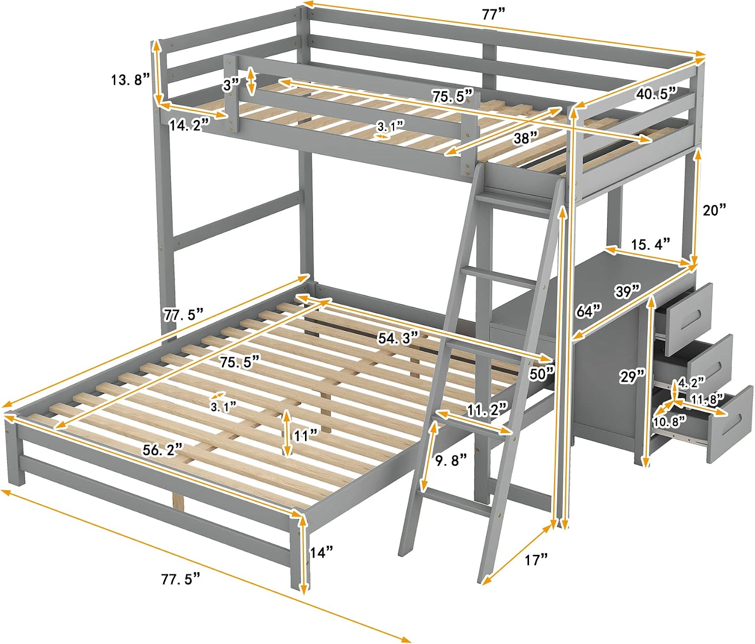 Twin Over Full Bunk Bed with Built-in Desk and Three Drawers,Modern Solid Wood Separate Bed Frame w/Head/Footboards & Guardrail,Easy to Assemble,for Bedroom,Apartment,Grey