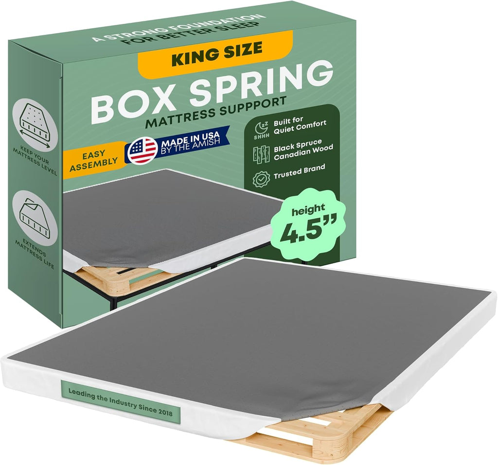 Greaton, 4.5' King Box Spring Only for King Size Bed – Amish-Made in The USA – Solid Wood Mattress Foundation with Stable & Quiet Support – Flat-Packed & Easy Assembly