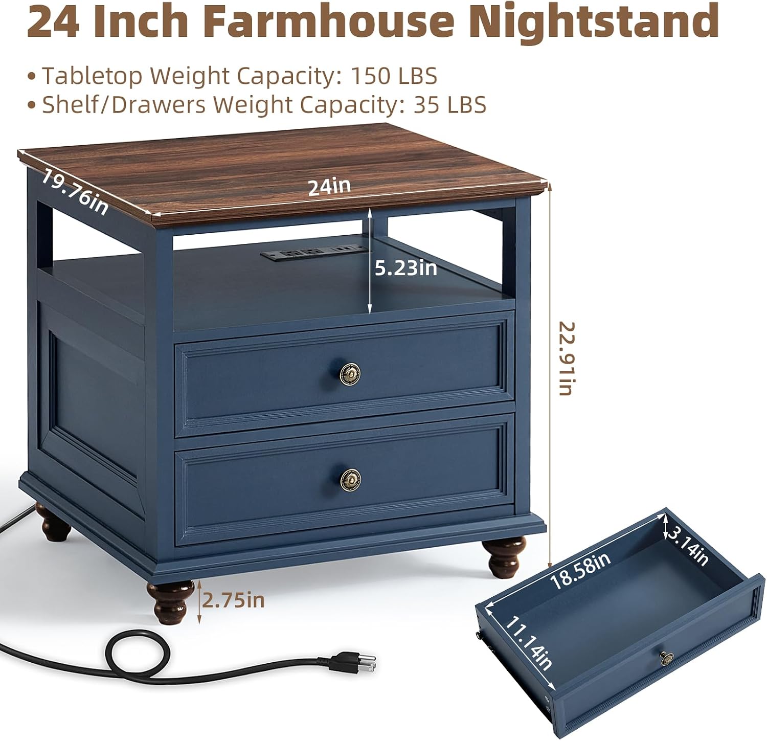 Joaxswe Farmhouse Dresser and Nightstand Sets, Wood 54' Wide Dresser & 24' Night Stand with Charging Station, 2 Piece Bedroom Furniture Set, Chest of Drawers for Bedroom, Home, Living Room, Hallway