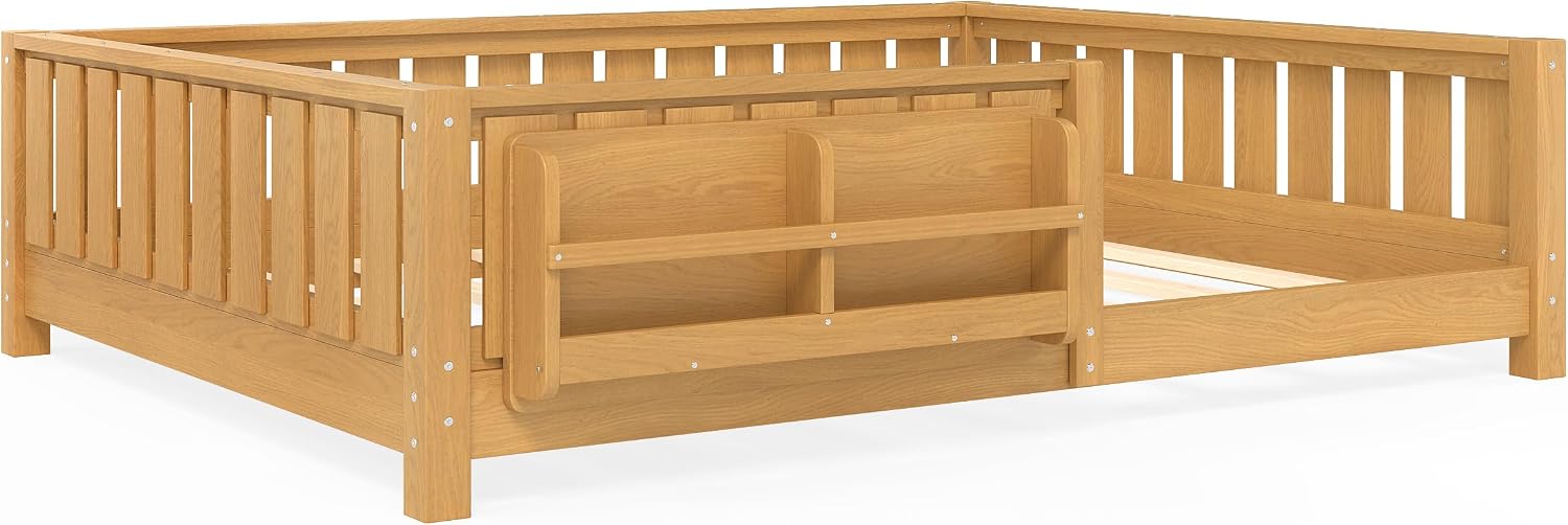 Bellemave Full Size Montessori Floor Bed with Slats and Fence, Full Size Montessori Bed with Rails and Bookcase, Easy Assemble Floor Beds Frame,Deep Natural