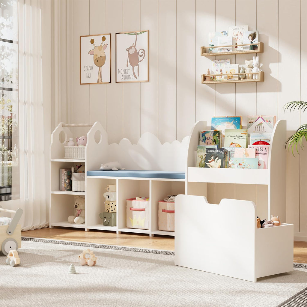 67' Kids Reading Nook with Bench, Children Toy Storage Organizer with Seat Cushion, 6 Storage Cubbies, Movable Drawers,Kid Bookshelf and Bookcase for Playroom, Bedroom, School, Ivory White
