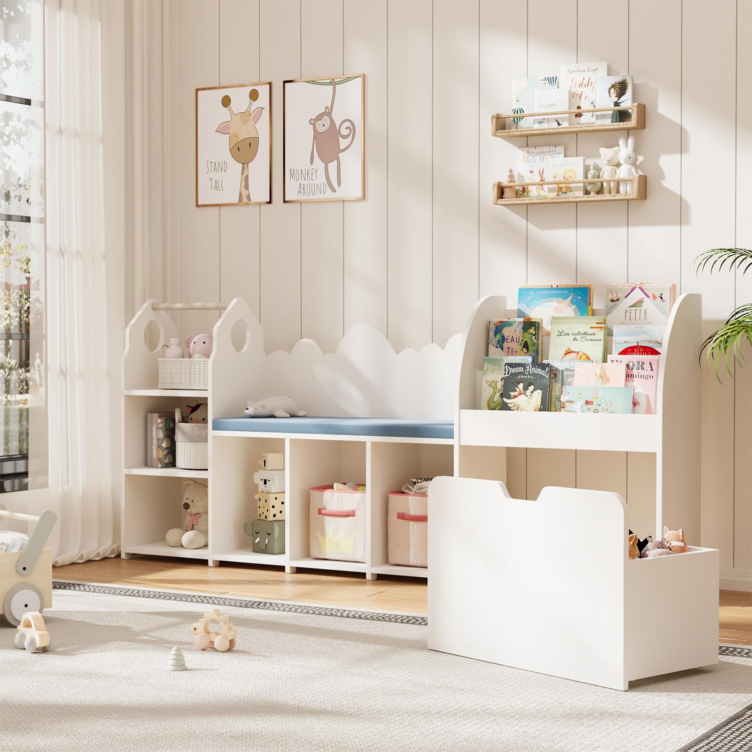67' Kids Reading Nook with Bench, Children Toy Storage Organizer with Seat Cushion, 6 Storage Cubbies, Movable Drawers,Kid Bookshelf and Bookcase for Playroom, Bedroom, School, Ivory White