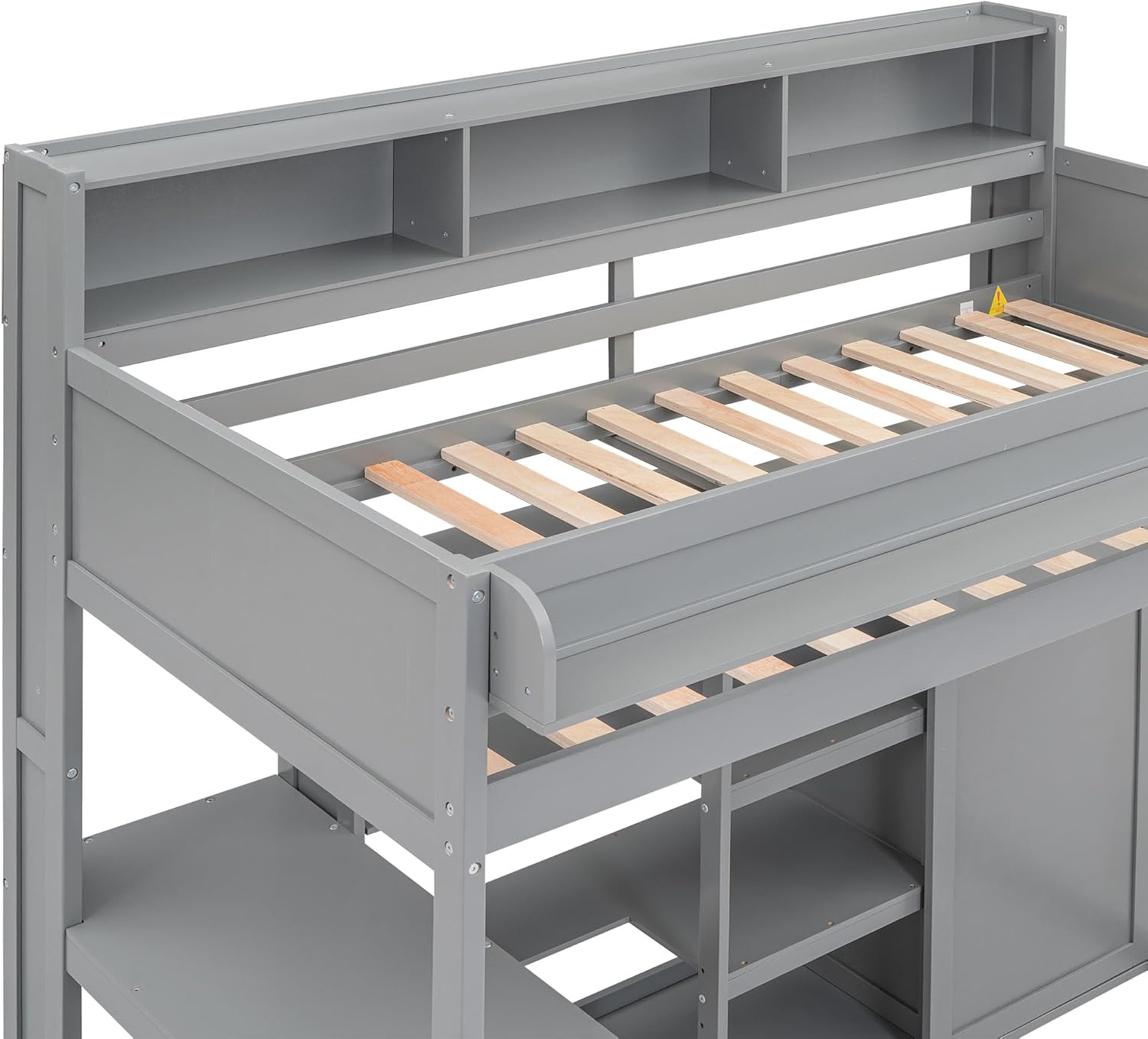 Wood Twin Size Loft Bed with Storage Shelves and Wardrobe,Bedroom Multifunctional Bed Frame w/Integrated Ladder/Full-Length Guardrails/3 Cabinets,for Kid Boy Girl Teen,Grey