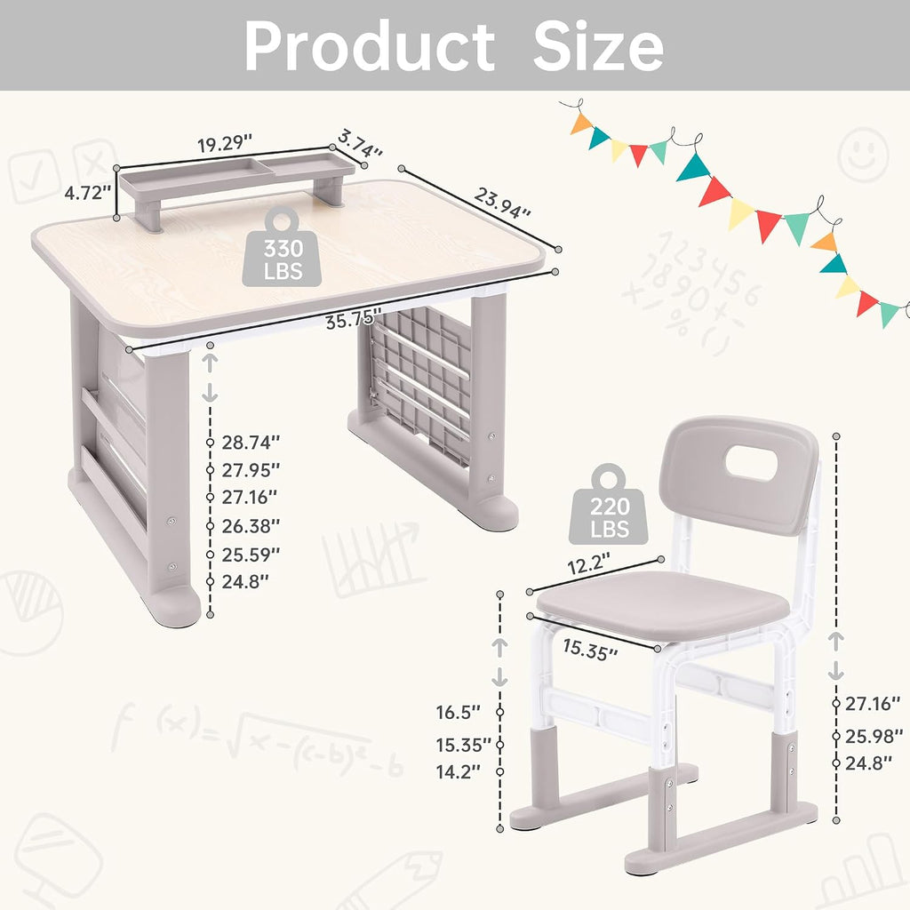 GITAWUSA Kids Desk and Chair Set, Height Adjustable Childrens Study Desk, Graffiti Table for 3-12 Years, Kids Art Table with Side Bookshelf and Storage, Multi-Functional for Bedroom & Study Room(Grey)