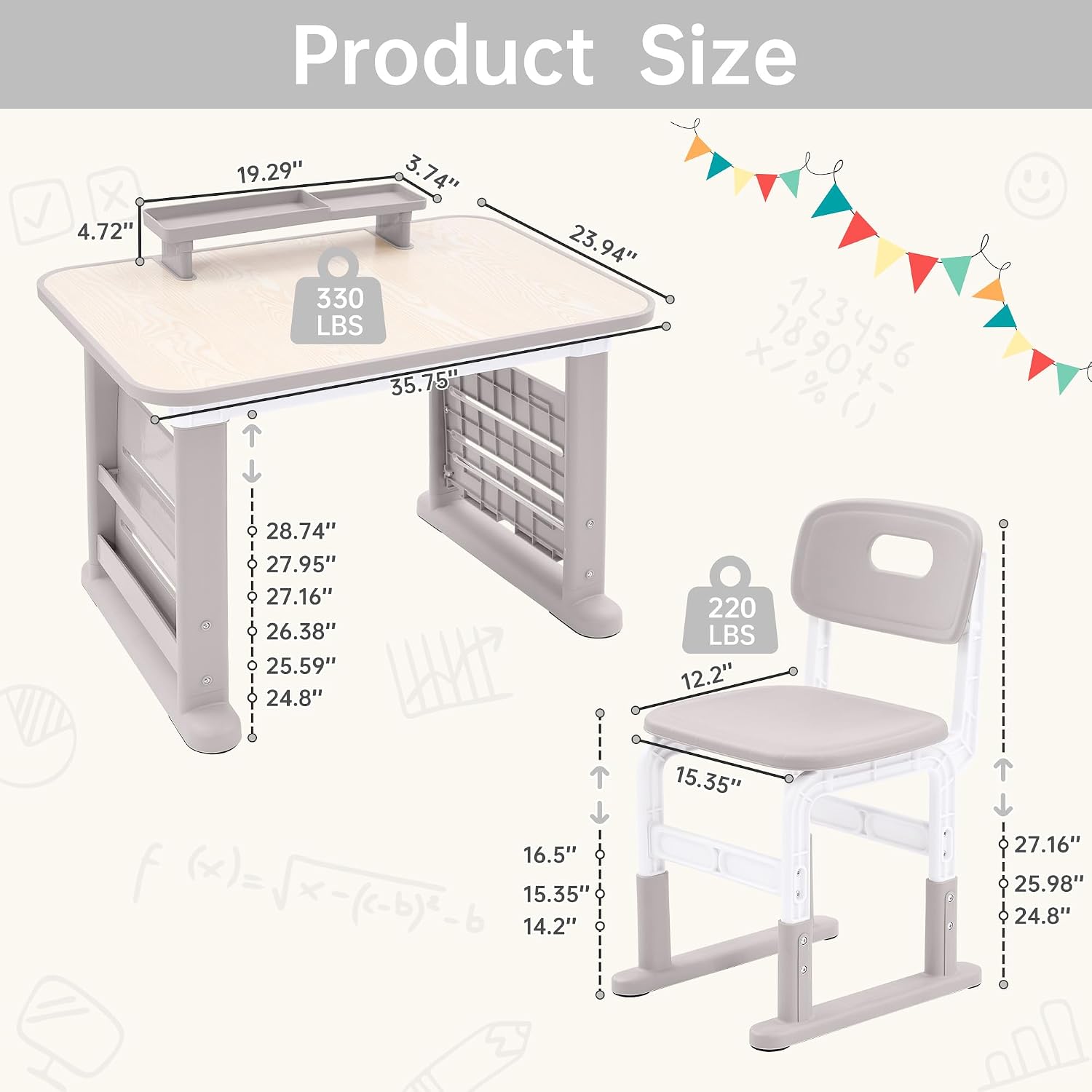 GITAWUSA Kids Desk and Chair Set, Height Adjustable Childrens Study Desk, Graffiti Table for 3-12 Years, Kids Art Table with Side Bookshelf and Storage, Multi-Functional for Bedroom & Study Room(Grey)