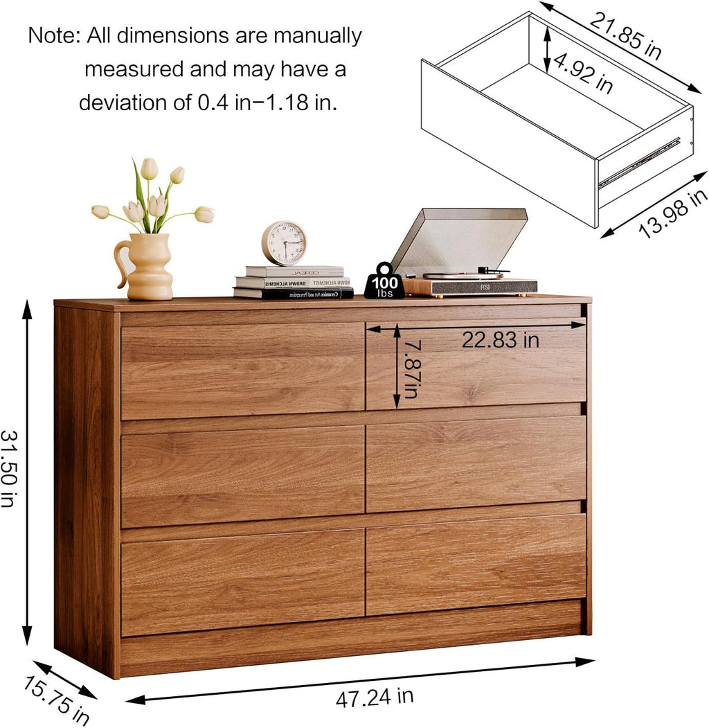 Chrangmay 6 Drawer Dresser,47' Wide Mid Century Chest of Drawers,Wooden Bedroom Drawer Dresser with 6 Storage Drawers for Bedroom,Living Room,with Anti-Tipping Device, Brown