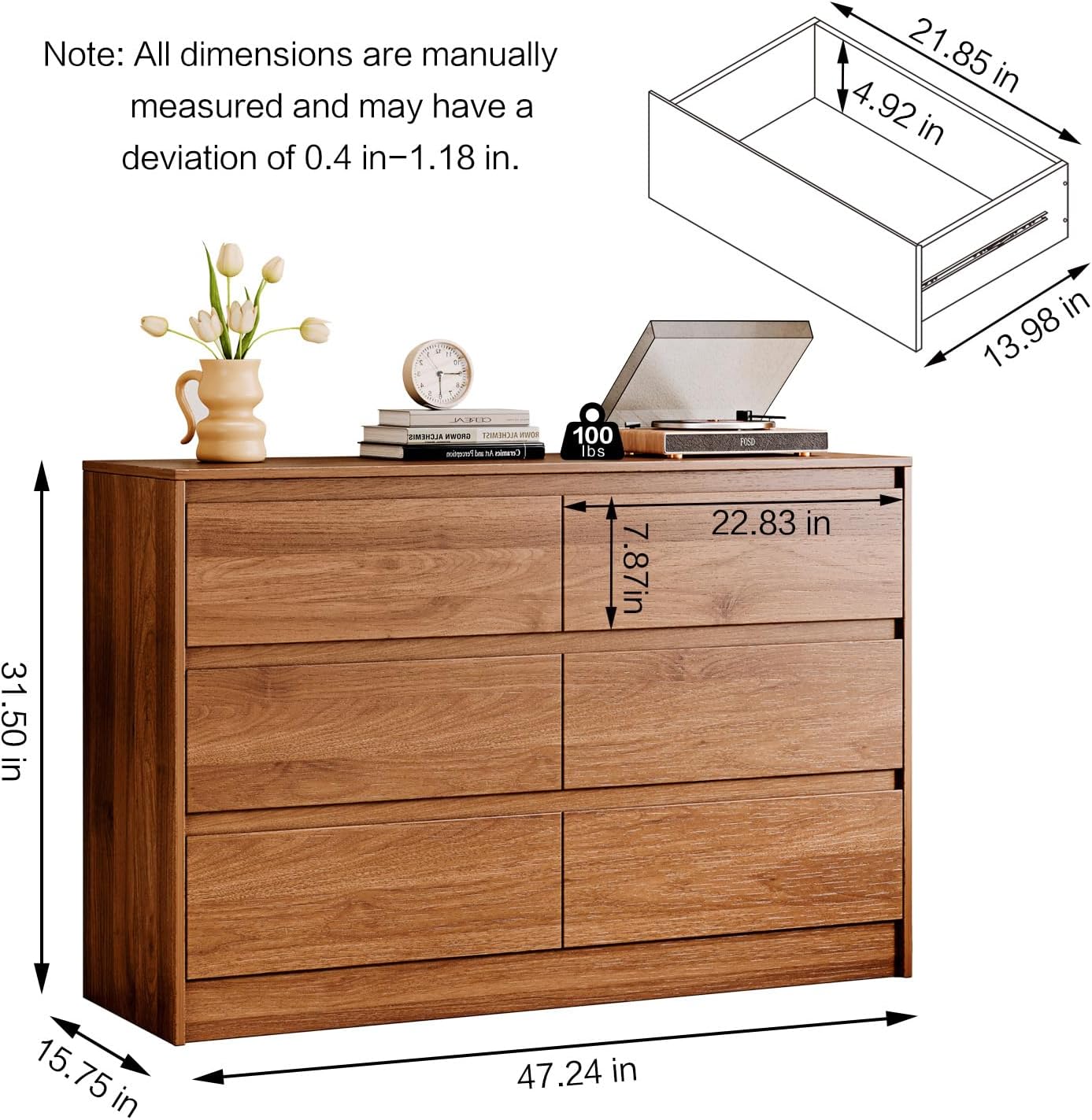 Chrangmay 6 Drawer Dresser,47' Wide Mid Century Chest of Drawers,Wooden Bedroom Drawer Dresser with 6 Storage Drawers for Bedroom,Living Room,with Anti-Tipping Device, Brown