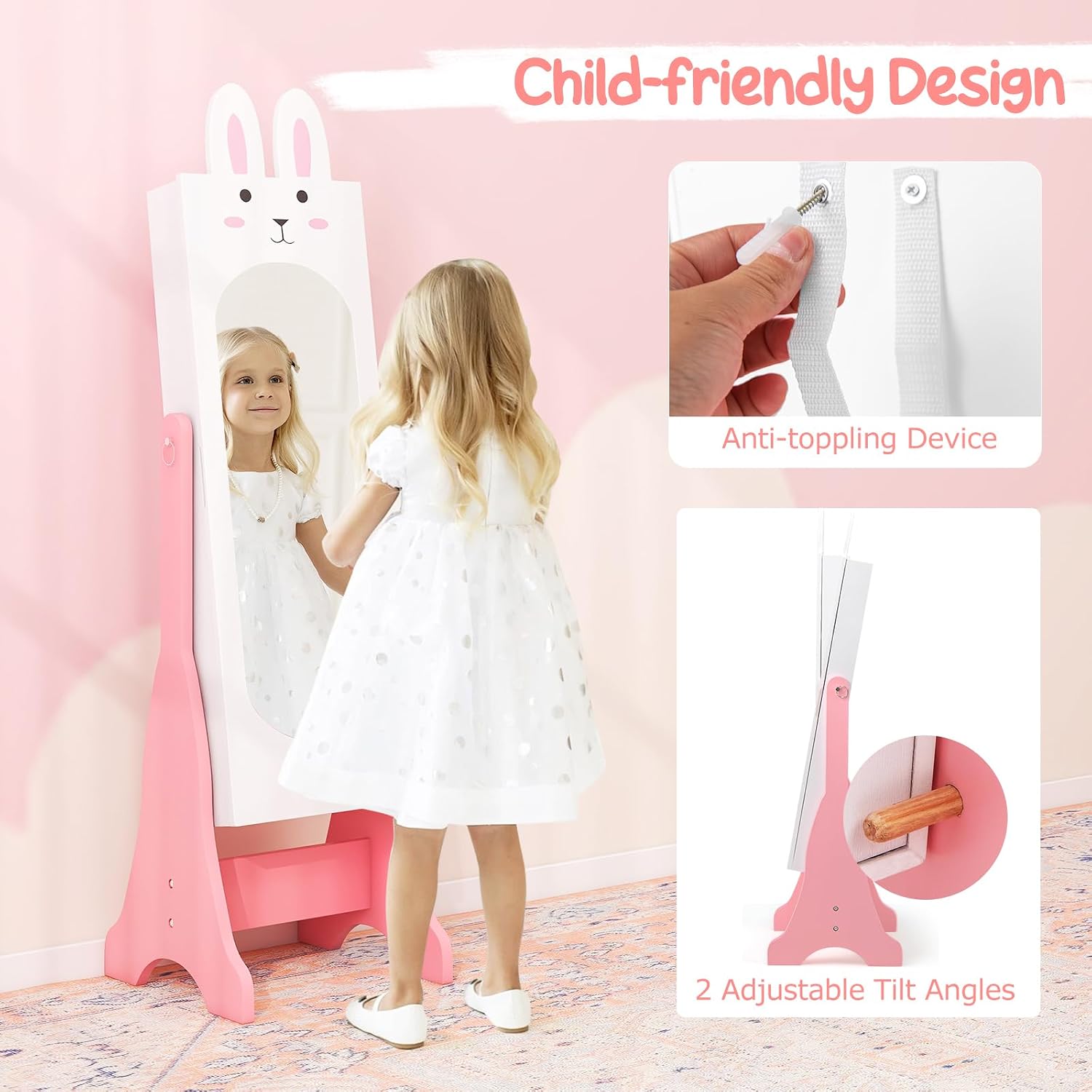 Costzon Kids Vanity Set & Jewelry Armoire Cabinet, Wooden Kids Vanity Table and Chair Set, Standing Jewelry Organizer with Full-Length Mirror, Kids Bedroom Furniture Set for Girls (White)