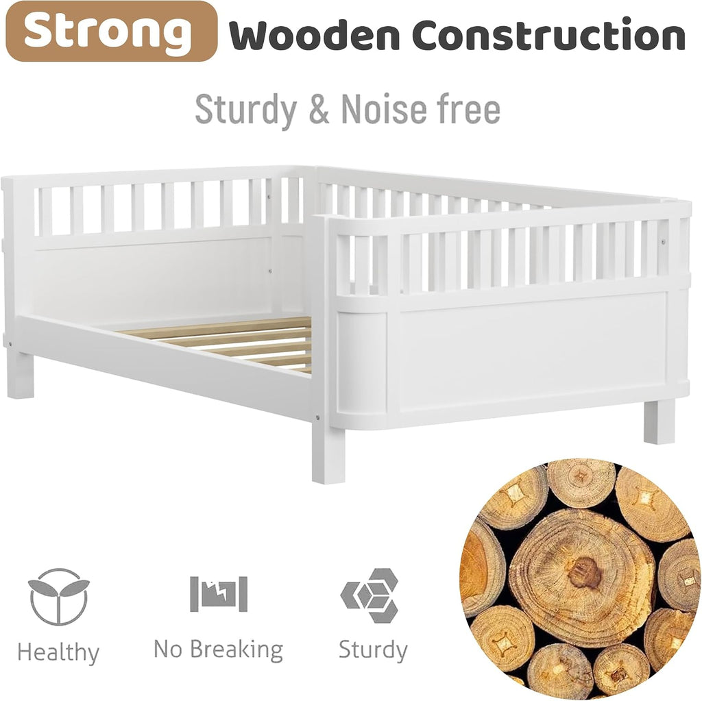 Twin Size Kids Bed with Rails, Wood Twin Montessori Bed Frame with Slats Support, Low to Ground Modern Baby Daybed with Detachable Side Bed Rails for Boys Girls Bedroom, White