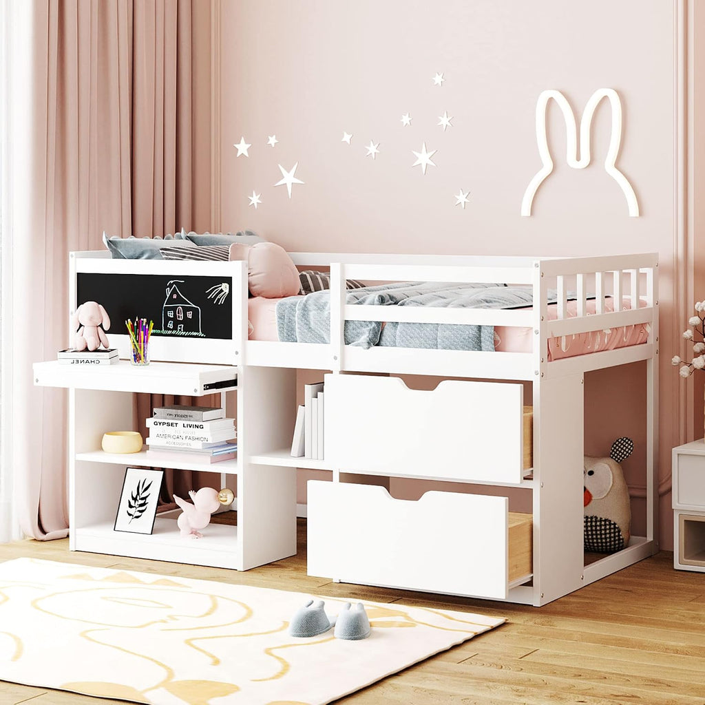 JIVOIT Wooden Low Loft Bed Frame with Rolling Desk, Two Drawers and Two-Tier Bookshelf, Twin Size Loft Bed with Blackboard, Full-Length Guardrail and Built-in Stair (White with Rolling Desk 013)