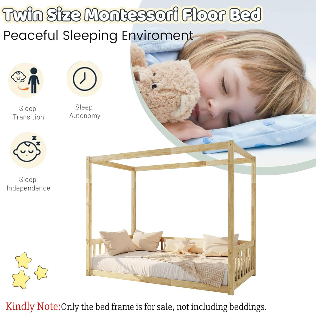 Twin Size Montessori Floor Bed with Canopy Frame and High Guardrails, Solid Wood Twin Canopy Bed with 4 Posters, Safe and Stylish Canopy Twin Bed for Kids Girls Boys,Natural