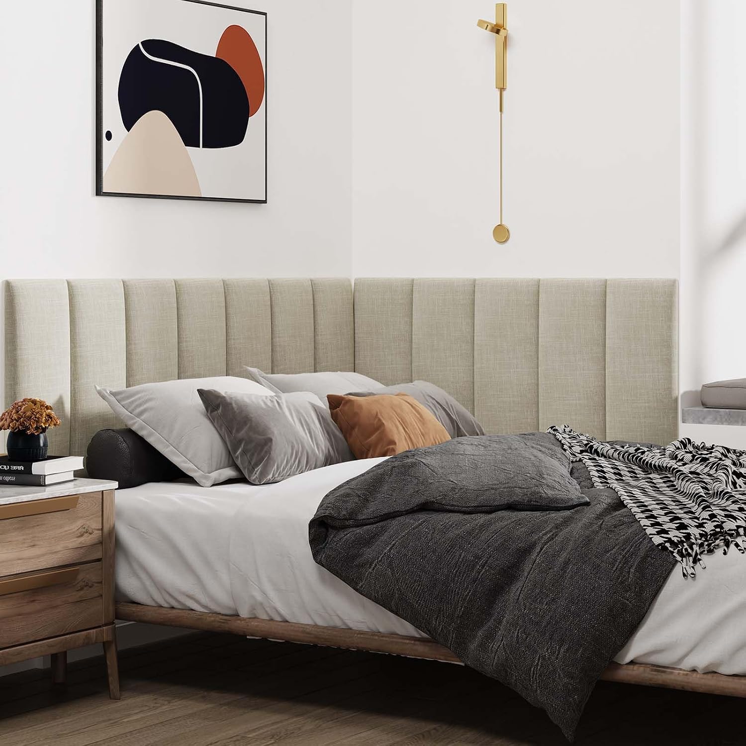IFNOW Upholstered Wall Mounted Headboard, 3D Soundproof Wall Panels Peel and Stick, Reusable and Removable Tufted Bed Headboard in Beige (12 Panels, 10' x 24')