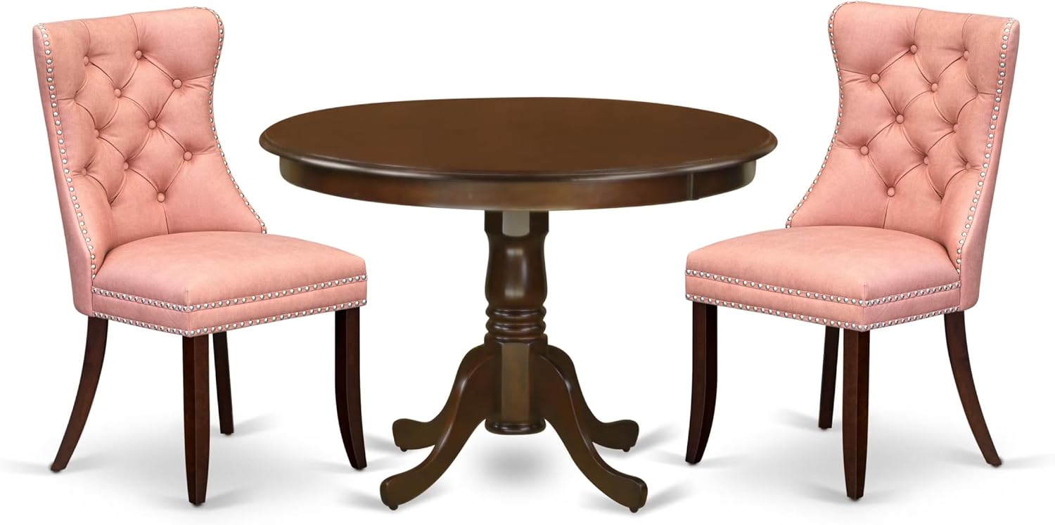 East West Furniture HLDA3-MAH-23 3 Piece Dining Set Consists of a Round Kitchen Table with Pedestal and 2 Polyester Fabric Parson Chairs, 42x42 Inch, Mahogany