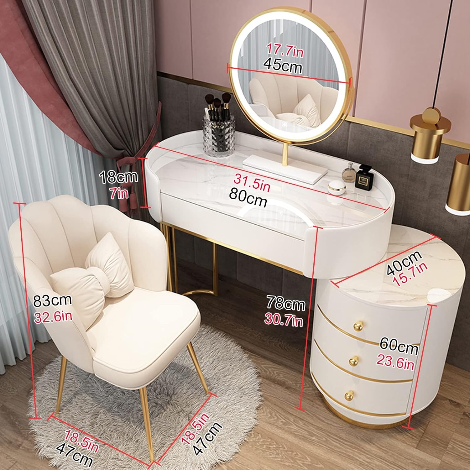 Dressing Table Makeup Vanity Table, with Adjustable LED Mirror 3 Color Lighting, Round Vanity Desk Bedside Table and Cushioned Stool Set, Bedroom Furniture Decor(White+Gray B-80cm/31.5in)