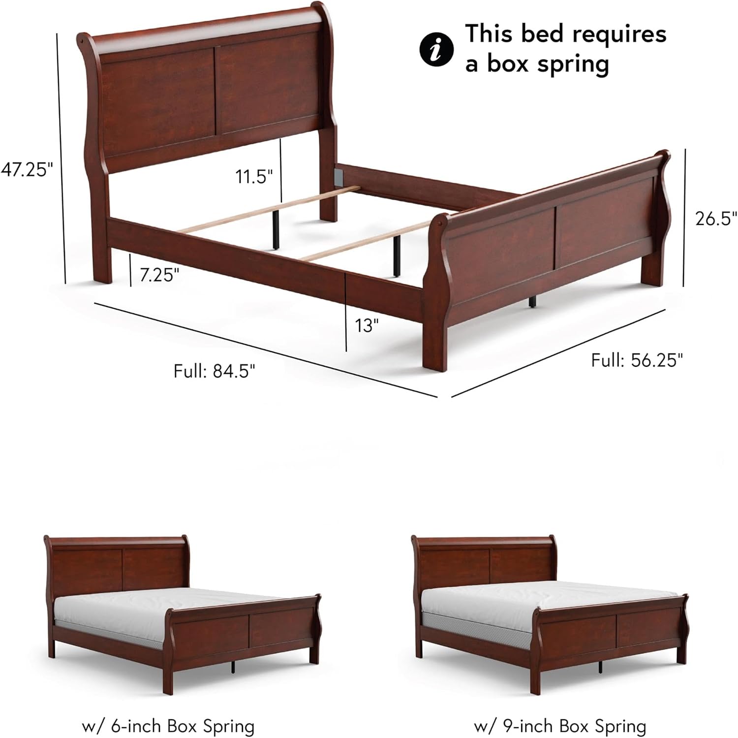 MAKLAINE Modern Transitional Solid Wood Panel Full Bed, Cherry Finish, Sleigh Design with Paneled Headboard, Footboard, and Bracket Feet, 83.5' L x 56.25' W x 47.25' H, Kids Bedroom Furniture