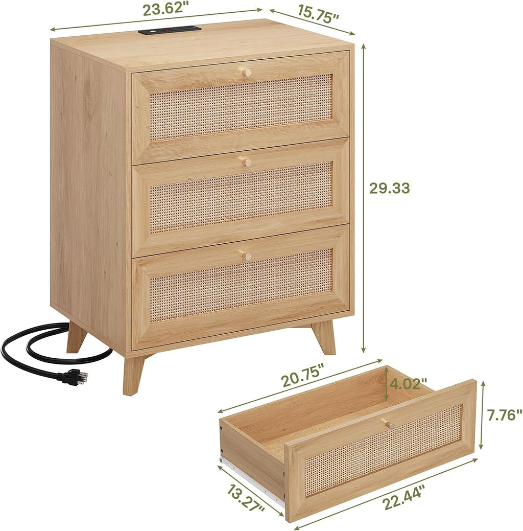 AOGLLATI Rattan Night Stand Set of 2, Boho Nightstand with Charging Station and 3 Drawers, 2 USB Ports and 2 AC Outlets, Rattan Bedside End Table with Solid Wood Legs for Bedroom