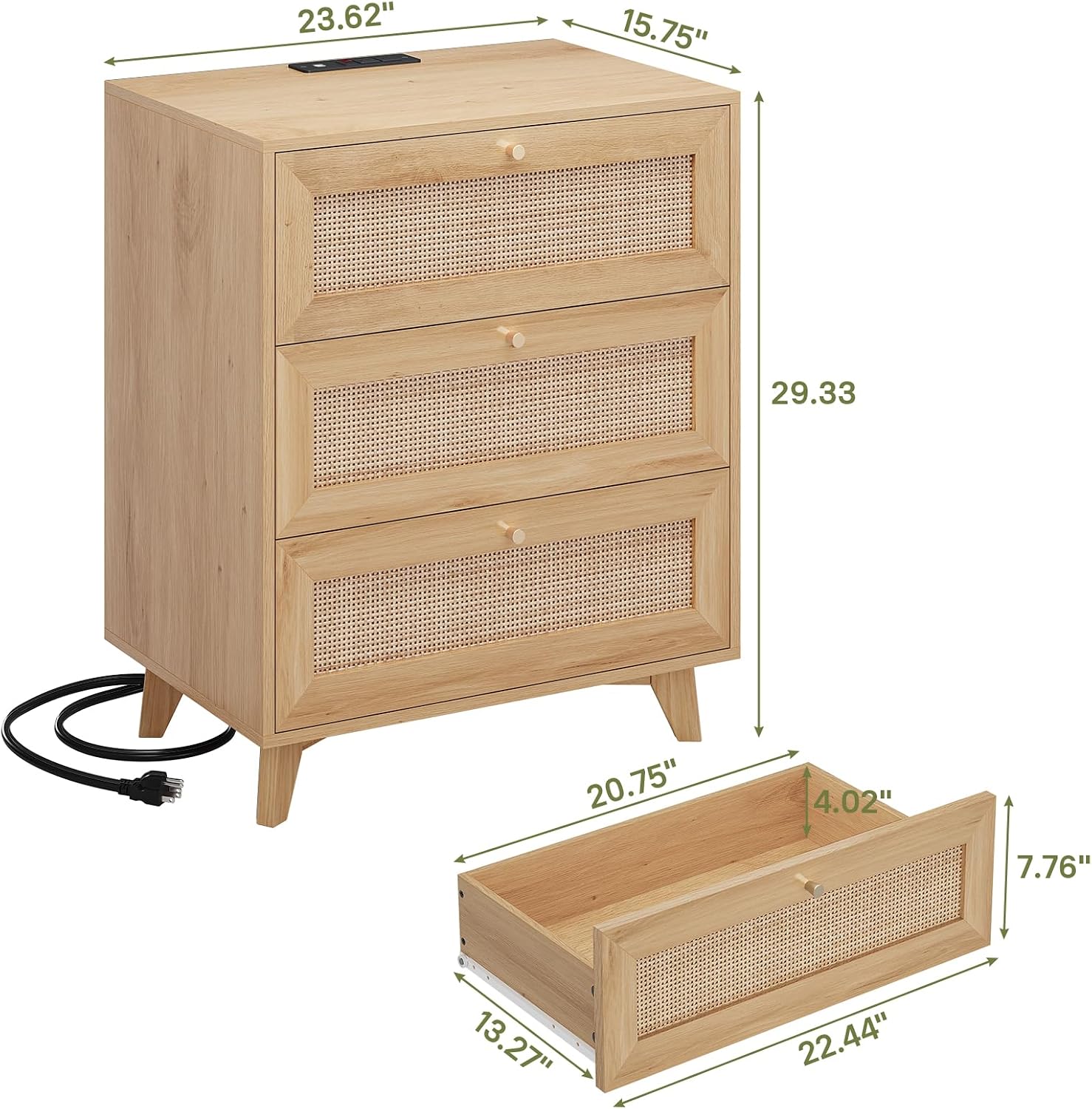 AOGLLATI Rattan Night Stand Set of 2, Boho Nightstand with Charging Station and 3 Drawers, 2 USB Ports and 2 AC Outlets, Rattan Bedside End Table with Solid Wood Legs for Bedroom
