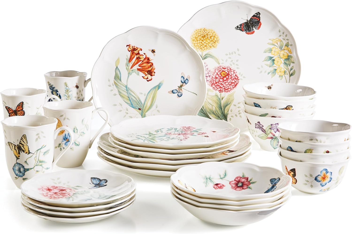 Lenox Dinnerware Set, Butterfly Meadow 28-Piece Set, Service For 4, Porcelain Plates With Scalloped Edges, Plates And Bowls Sets, Microwave Safe, Dishwasher Safe, Home & Kitchen (28 Piece, Assorted)