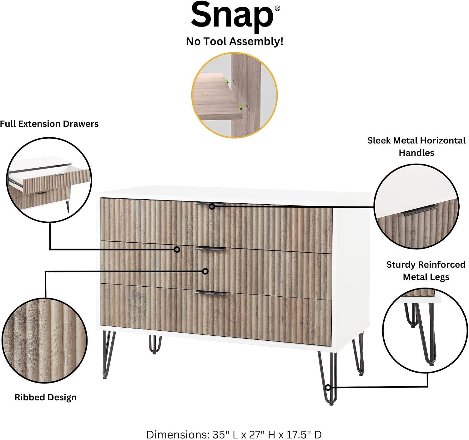 Manhattan Comfort Dumbo 3-Piece Modern Dresser Drawer and Nightstand Set, Tall and Standard - Vertical Ribbed Design - No Tool Assembly Storage for Bedroom & Living Room, White/Grey