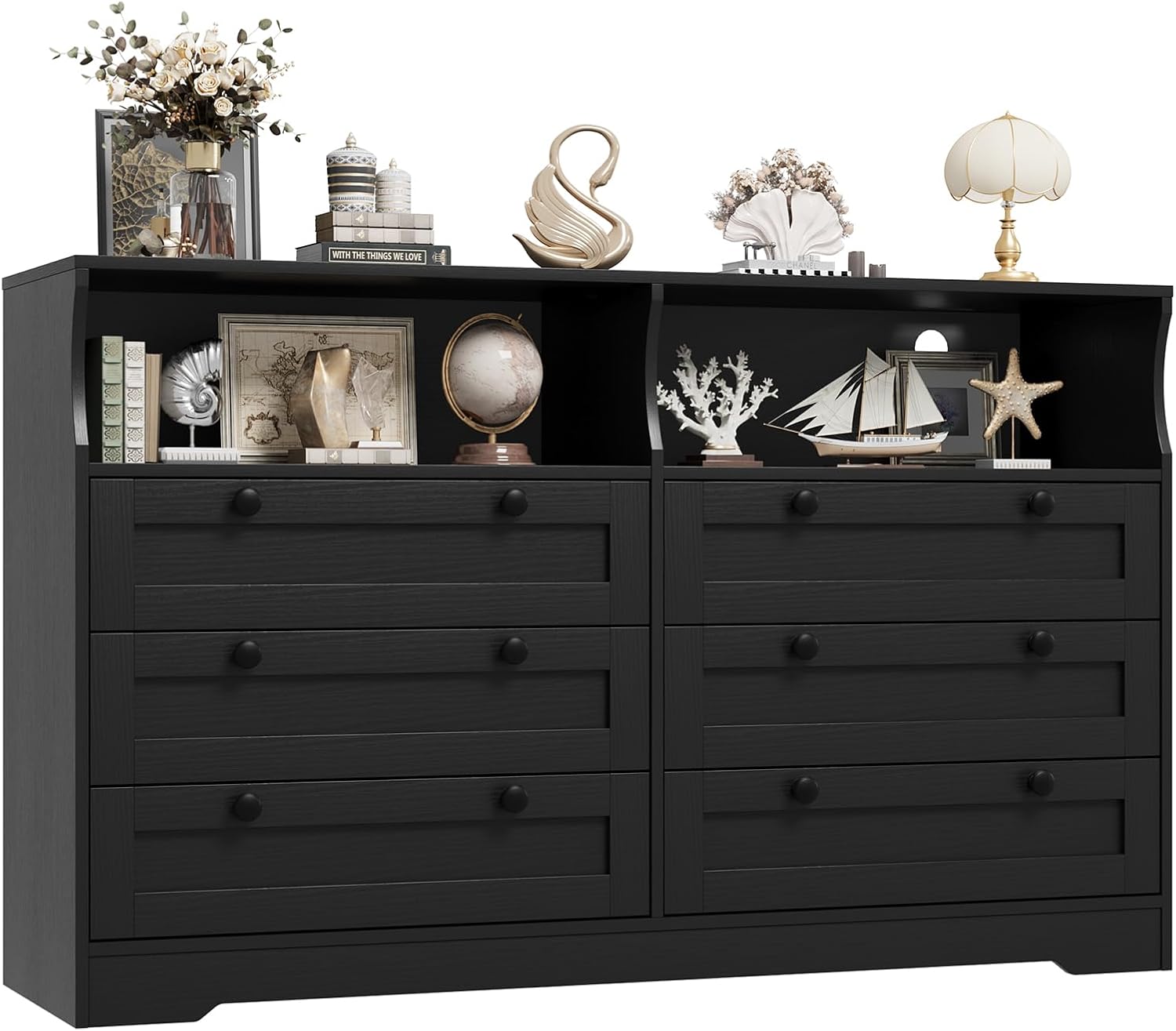Garvee 6 Drawer Dresser for Bedroom, with RGB LED Lights & Power Outlet, 55' Wide Chests of Drawers Dresser TV Stand for 55 Inch TV, for Closet, Living Room, Entryway