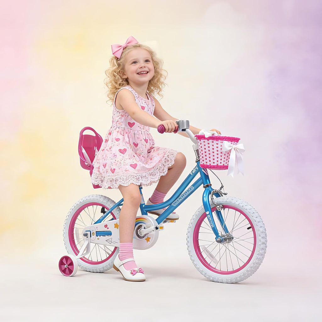 WinHope Girls Bike with Doll Seat, 12 14 16 18 20 Inch Kids Bike for 2-12 | Dual Brake with Training Wheels / Kickstand & Streamers Birthday Gift for Toddler Outdoor Riding, Multiple Colors