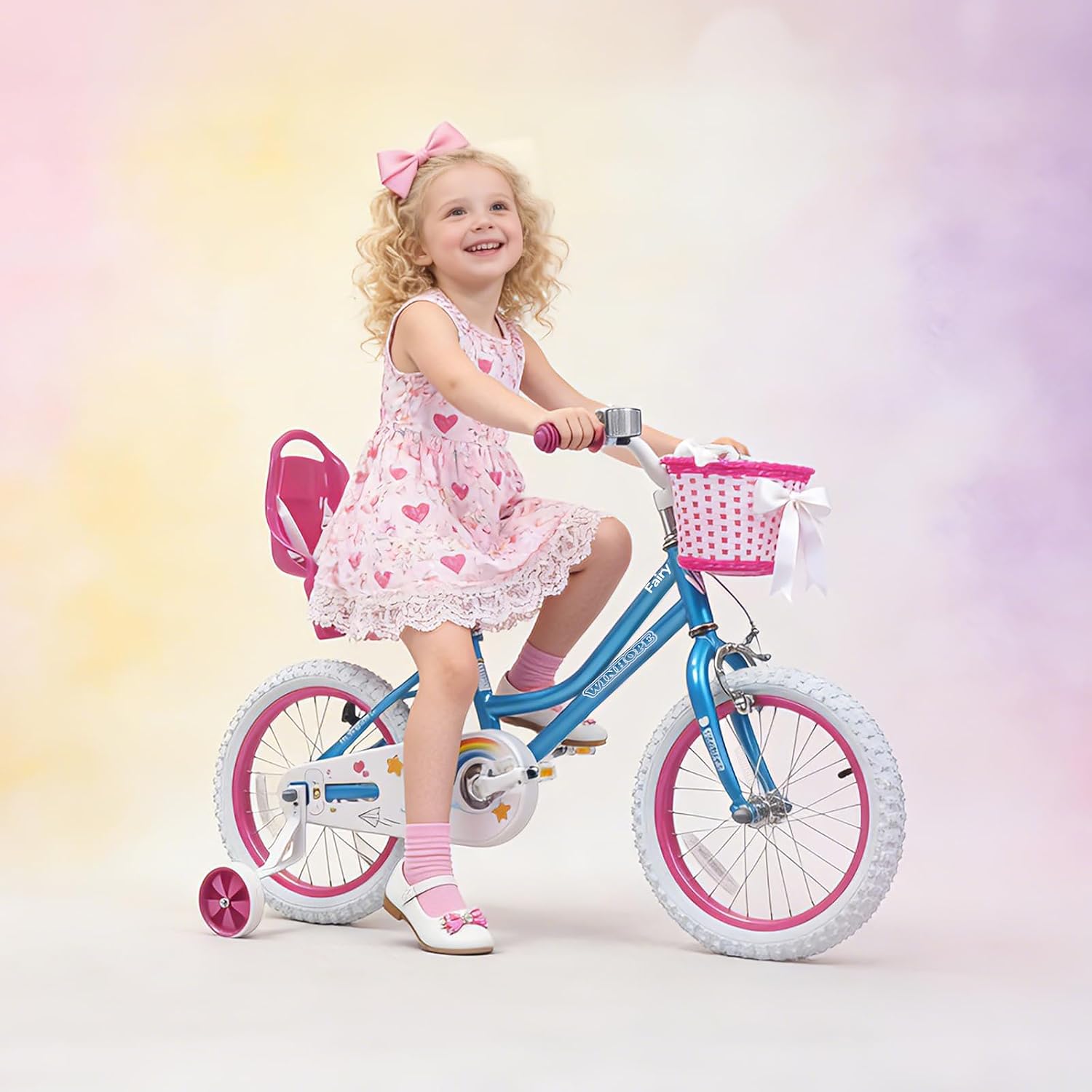 WinHope Girls Bike with Doll Seat, 12 14 16 18 20 Inch Kids Bike for 2-12 | Dual Brake with Training Wheels / Kickstand & Streamers Birthday Gift for Toddler Outdoor Riding, Multiple Colors