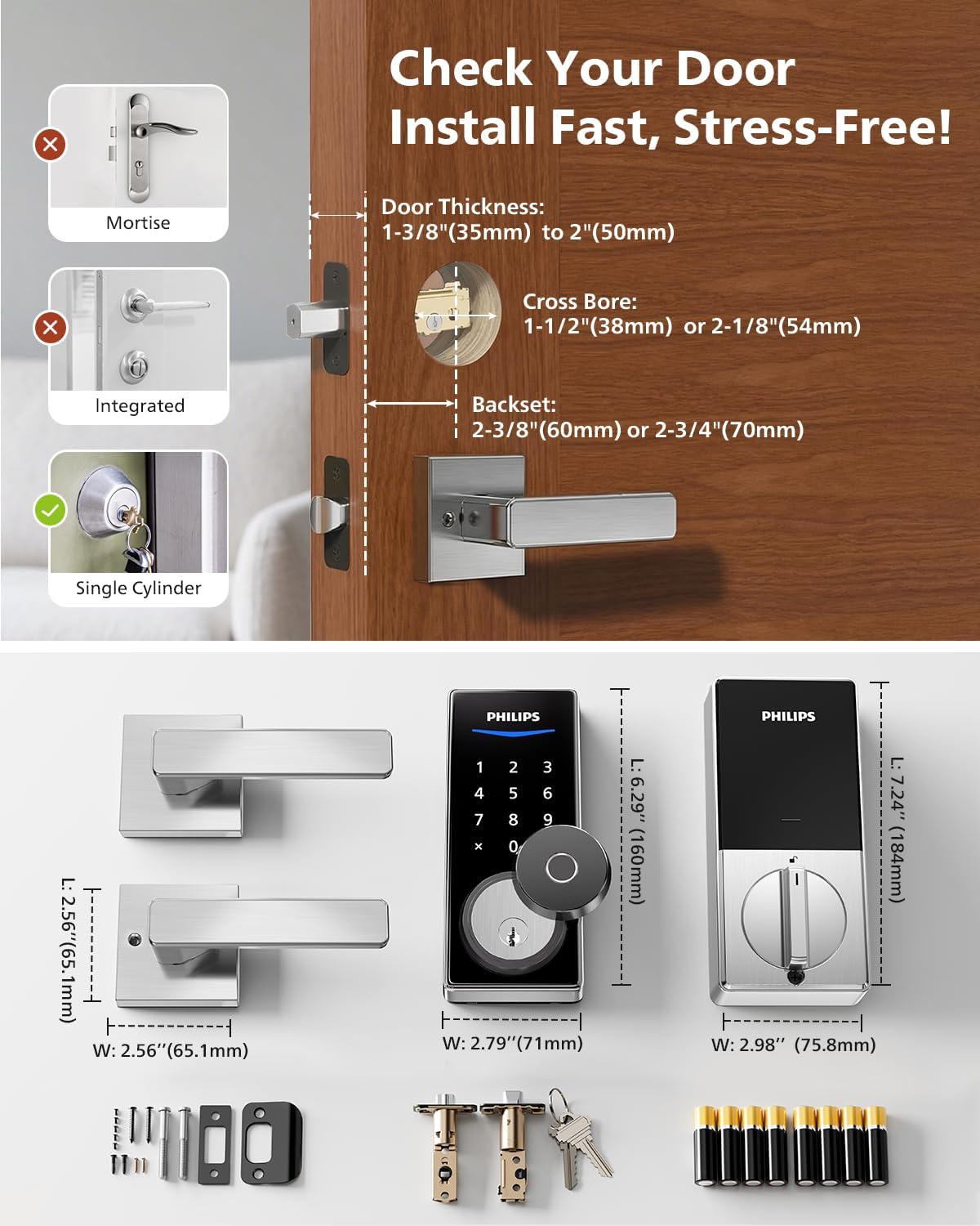Philips Wi-Fi Smart Lock with Handles, Built-in WiFi Keyless Entry Front Door Lock Set, Keypad Deadbolt with Handle, App Fingerprint Code Unlock, Auto Locking, Remote Control & Voice Unlock, Nickel