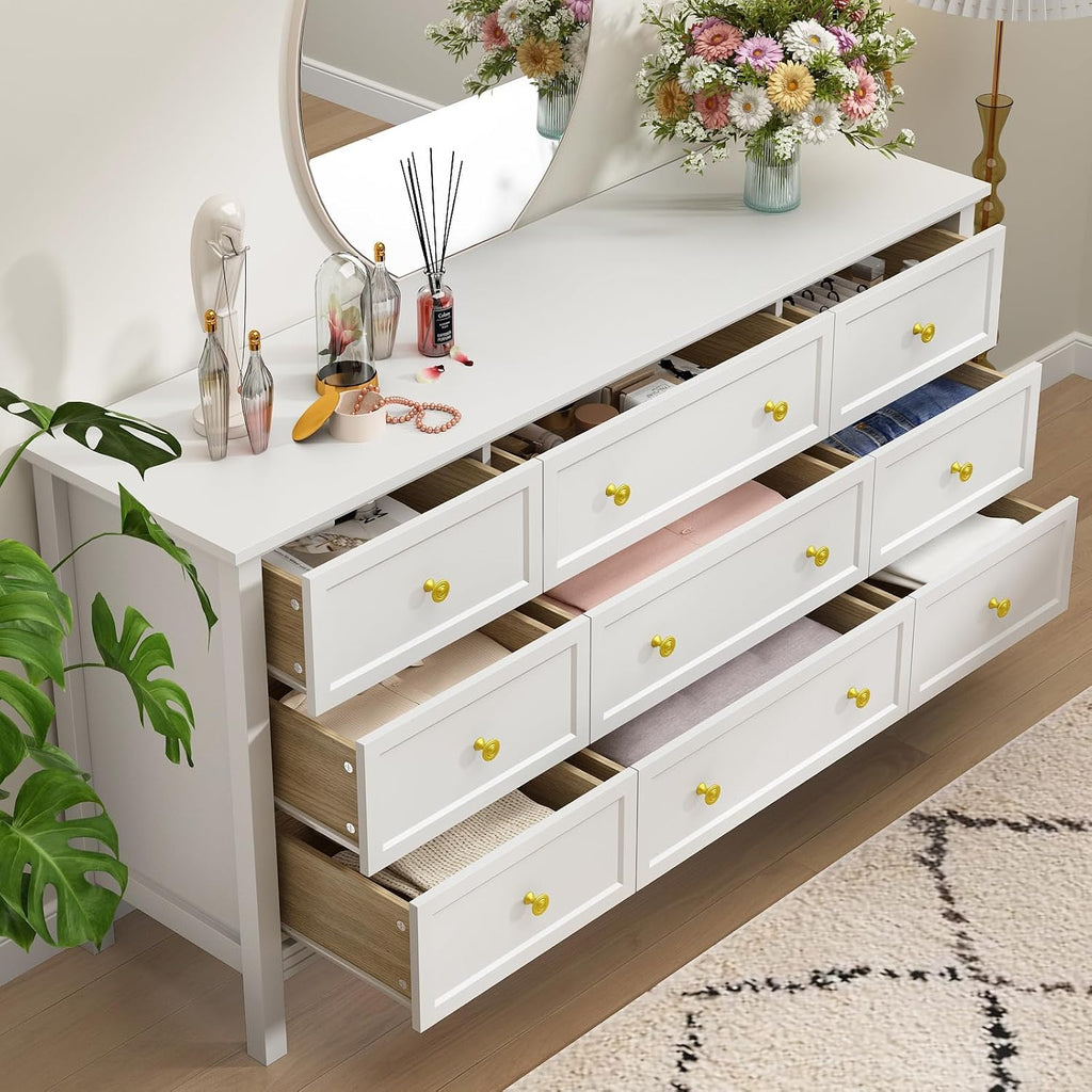 CARPETNAL 9 Drawer White Dresser for Bedroom with Deep Drawers, Large Dressers & Chest of Drawers With Gold Handle, Modern Long Dressers for Closet Bedroom, Living Room (59.25' W x 15.75' D x 30.9' H)
