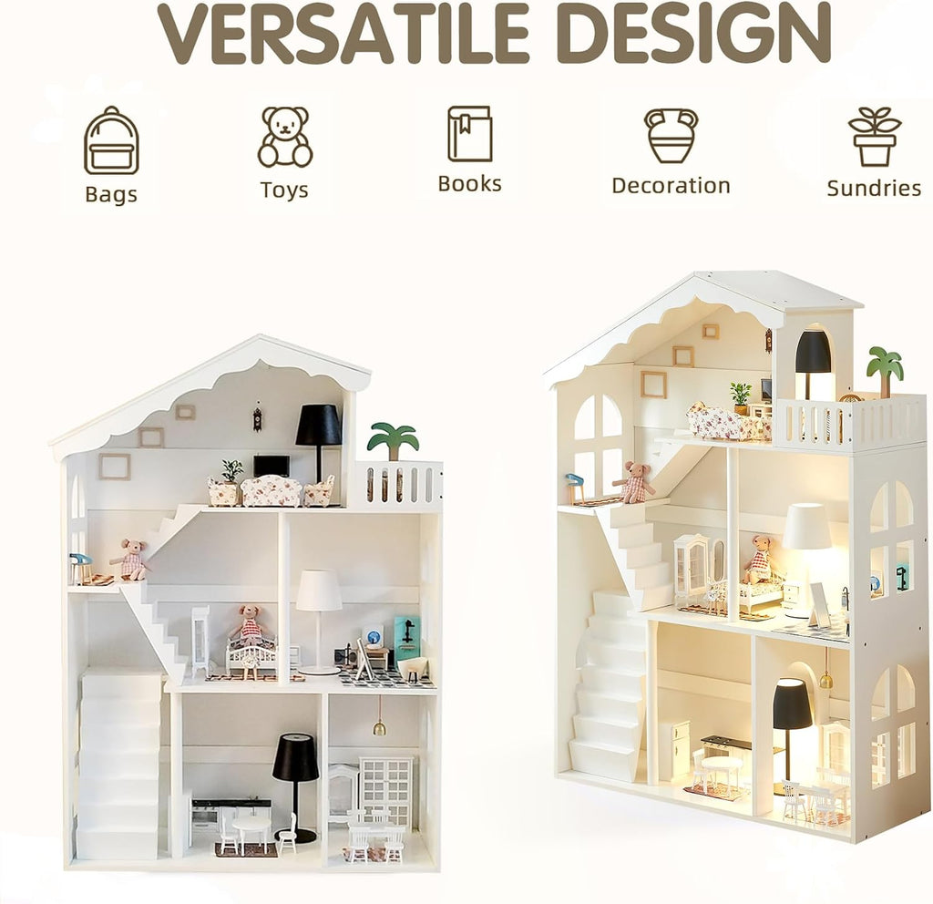 Dollhouse Bookshelf, Wooden Kids Bookshelve Children Doll House Toy Storage 3-Tier Bookcase for Books Gift for Girls Ages 3-7+