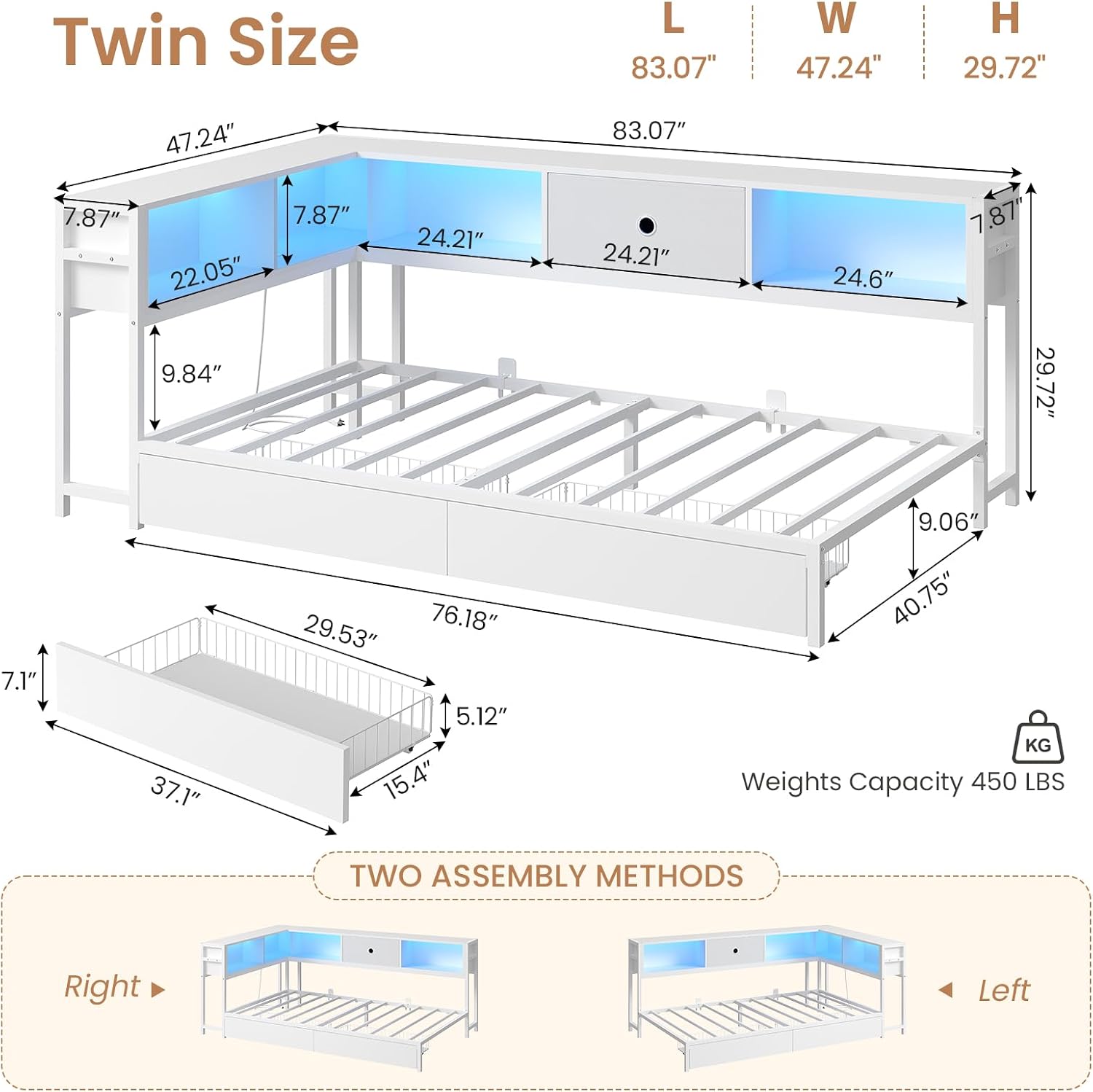 DICTAC Twin Corner Bed Frame with Storage Drawers and Bookcase Twin Size Metal Corner Platform Bed Frame with Led Lights and Charging Station Twin Size Daybed for Kids and Teen,Saving Space,White