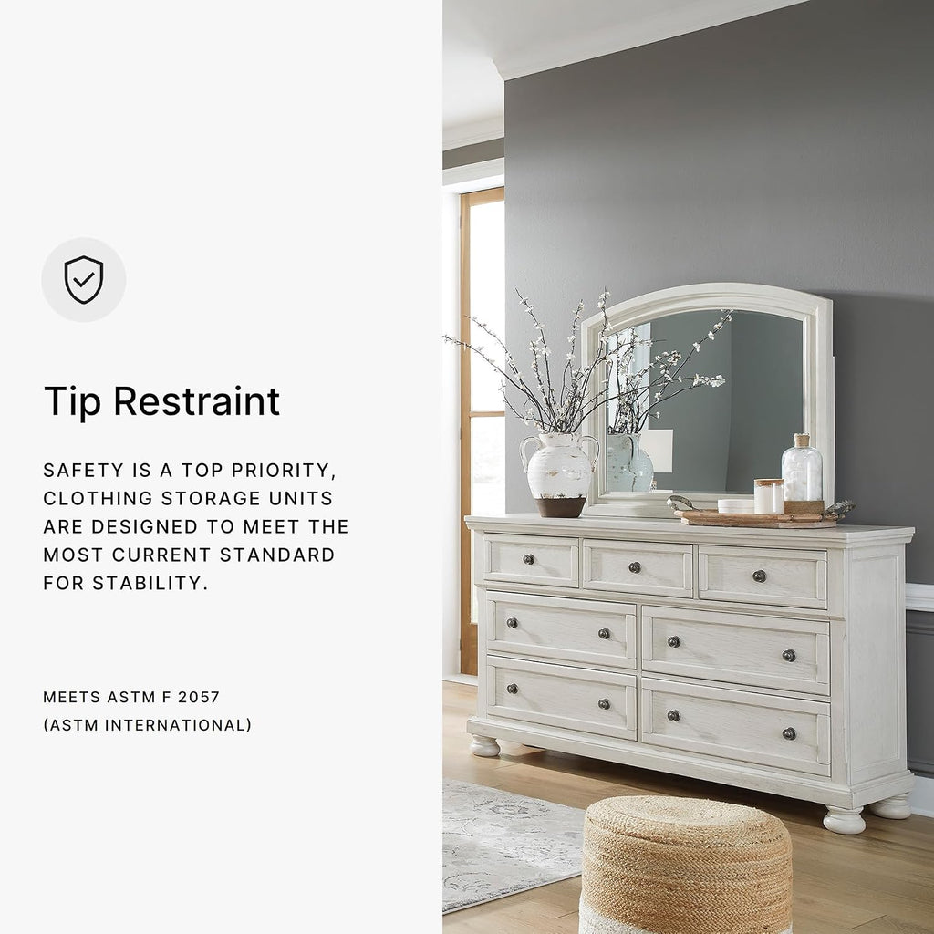 Signature Design by Ashley Robbinsdale Casual Smooth-Gliding 7-Drawer Dresser and Mirror with Safety Stop, Felt-Lined Top Drawers and Pull-Out Tray, White
