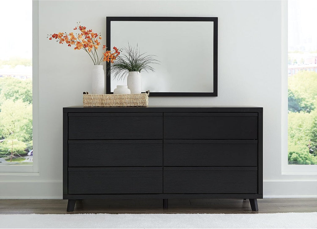 Signature Design by Ashley Danziar Mid-Century Modern 6-Drawer Dresser and Mirror with Safety Stop, Black