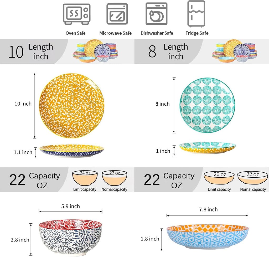 Selamica Ceramic Plates and Bowls Sets,24 Pieces Dinnerware Sets for 6,Scratch Resistant Dish Set for holiday gathering,Dishwasher & Microwave Safe, Assorted Colors