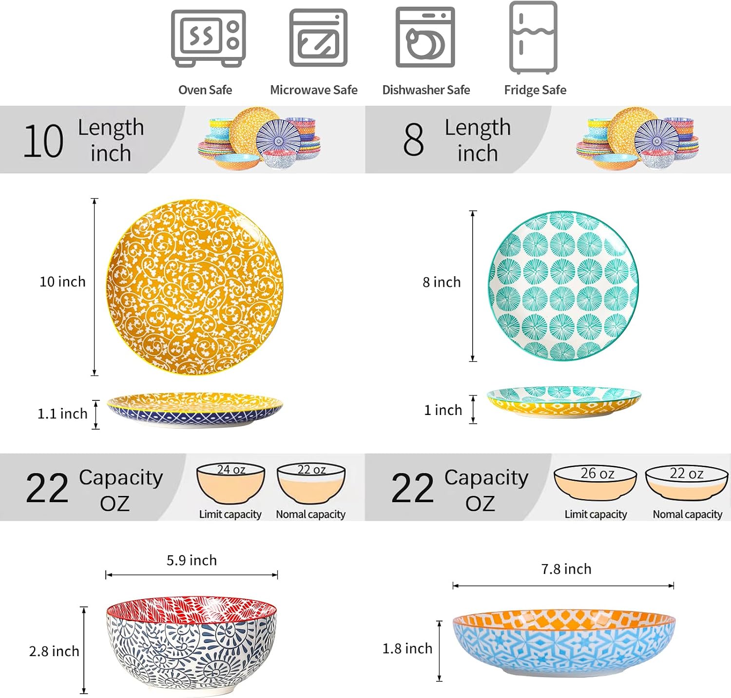 Selamica Ceramic Plates and Bowls Sets,24 Pieces Dinnerware Sets for 6,Scratch Resistant Dish Set for holiday gathering,Dishwasher & Microwave Safe, Assorted Colors