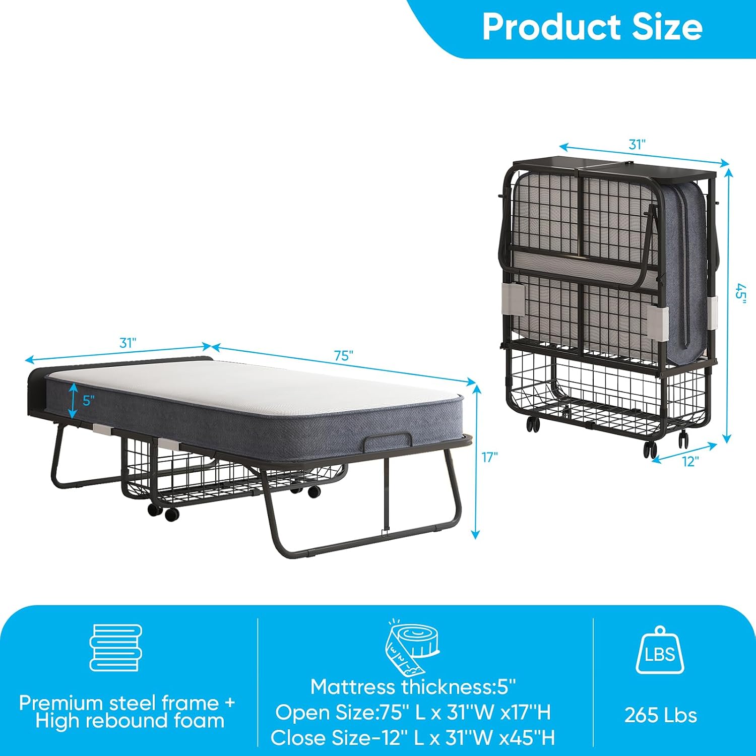 PUREMIND Folding Bed with 5'' Mattress for Adults, Rollaway Sofa for Adults with Basket Dustproof Bag & Head Baffle, Upgrade Single Portable Foldable Bed with Metal Frame & Swivel Wheels