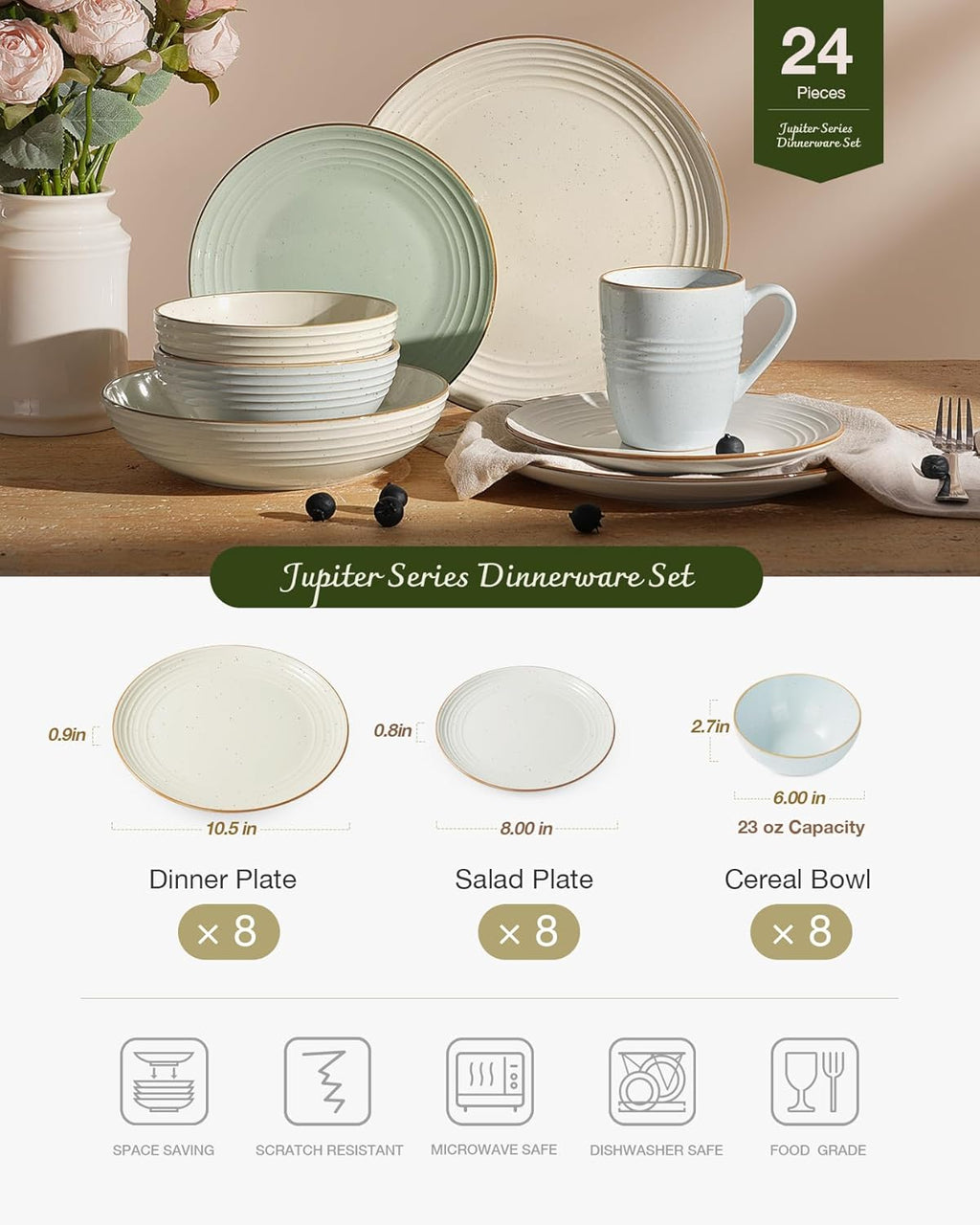 Famiware Jupiter 24-Piece Stoneware Dinnerware Set for 8, Handcrafted Plates and Bowls with Speckles & Embossed Swirls, Chip/Scratch Resistant, Microwave/Dishwasher Safe, Rustic Dishes, Multi-color