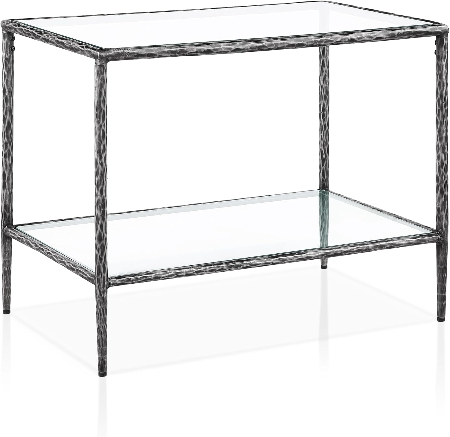 24/7 Shop at Home Lalia Hammered Metal 4-Piece Bedroom Collection, Upholstered Bed Frame with Beige Fabric Headboard, Bench and 1-Shelf Nightstands, Foundation Required, Full, Matte Grey