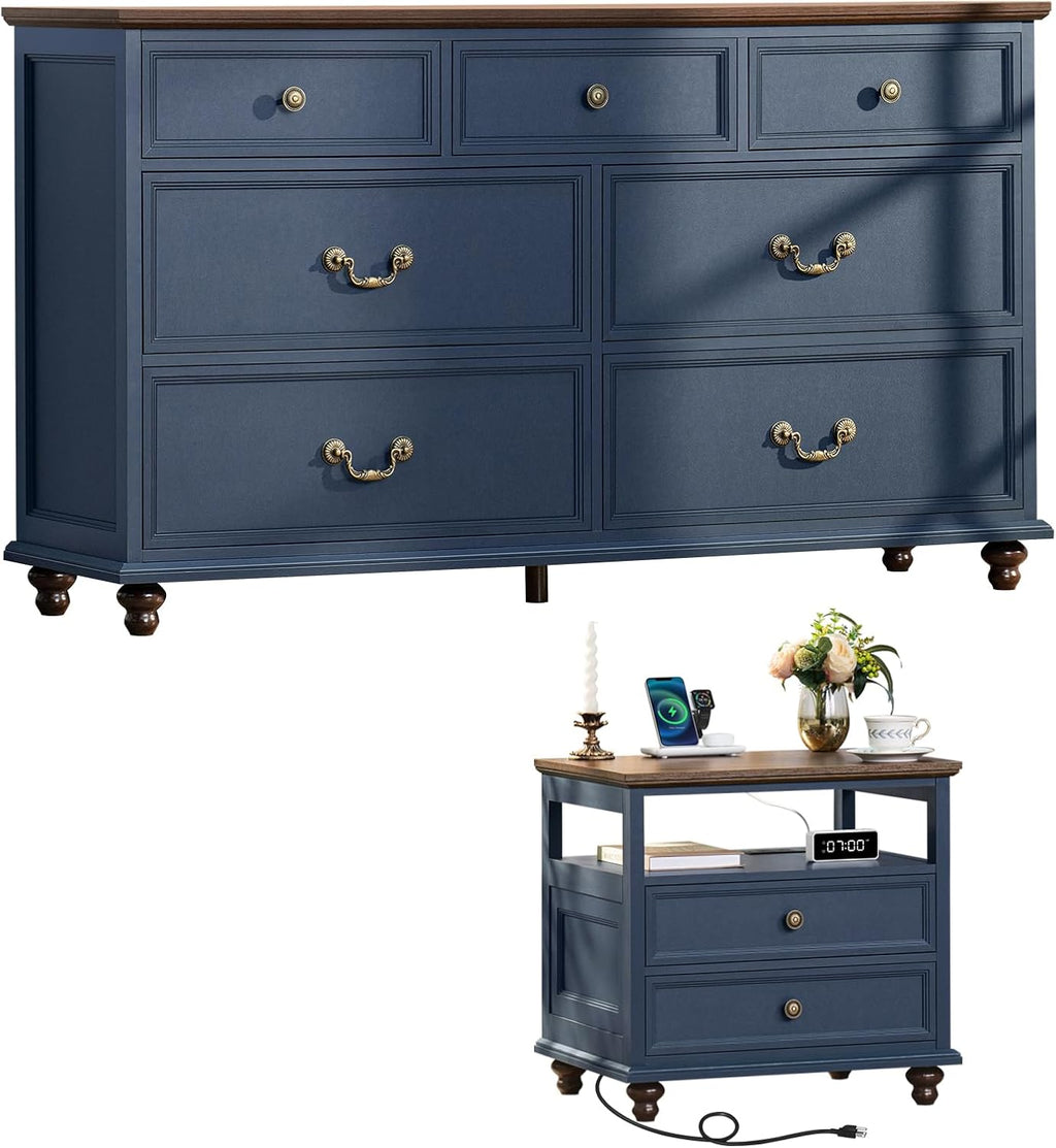 Joaxswe Farmhouse Dresser and Nightstand Sets, Wood 54' Wide Dresser & 24' Night Stand with Charging Station, 2 Piece Bedroom Furniture Set, Chest of Drawers for Bedroom, Home, Living Room, Hallway