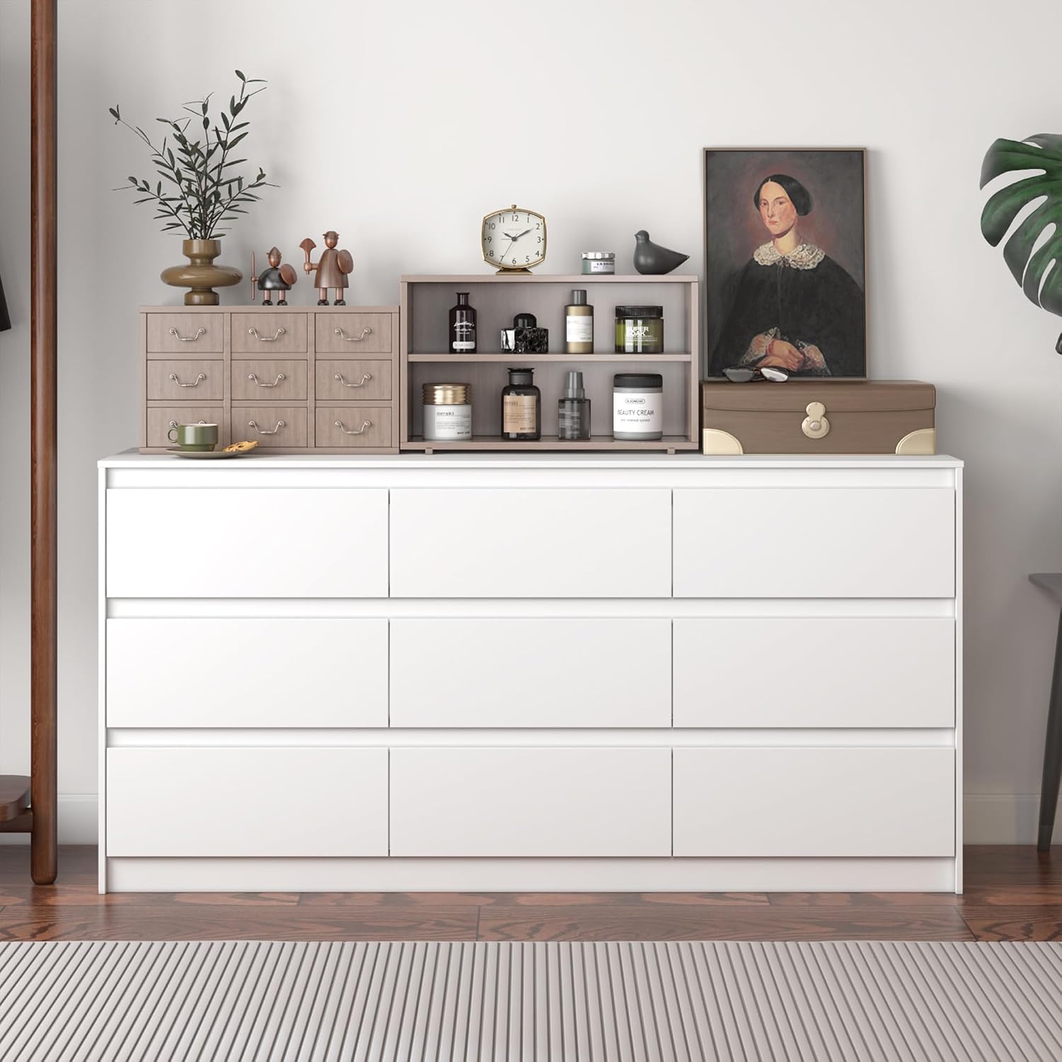 9 Drawer Dresser for Bedroom with Deep Drawers, Large Floor Wood Dressers & Chest of Drawers Handle Free, Modern White Long Dressers for Closet Living Room, Euro Slide (63'W x 15.7'D x 31.5'H)