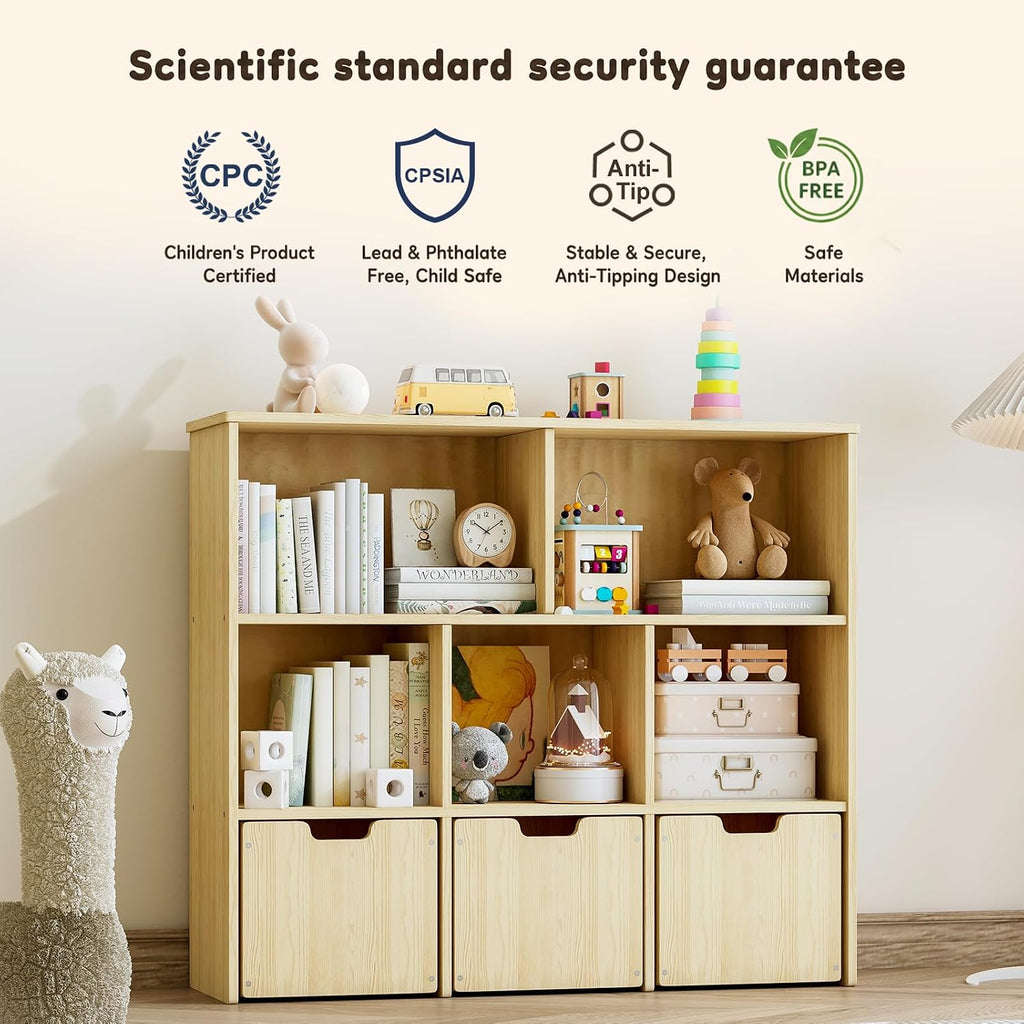 EXPERLAM Solid Pine Wood Toy Storage Organizer, Kids Bookshelf and Toy Organizer with 3 Rolling Drawers, 5 Storage Cubes, Montessori Playroom Storage Cabinet, Burlywood