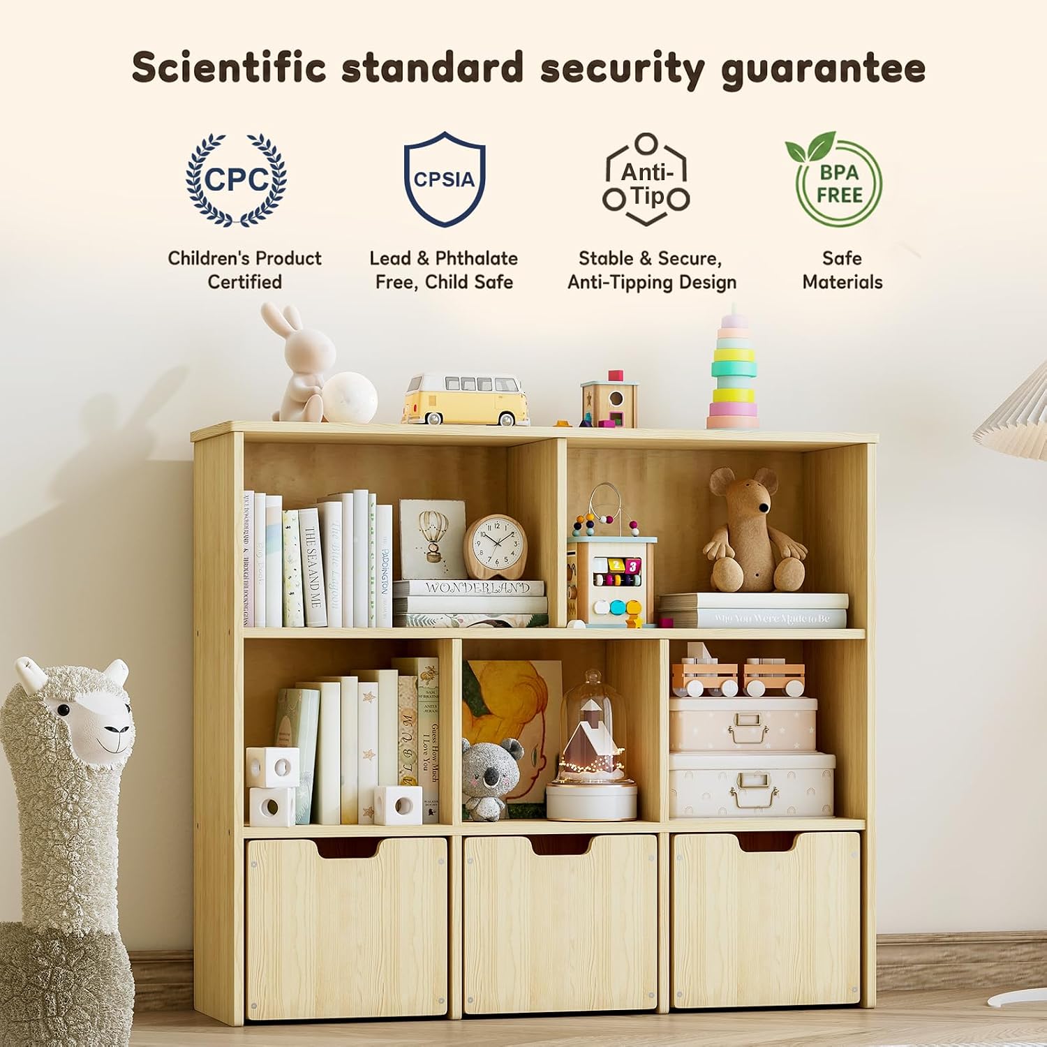 EXPERLAM Solid Pine Wood Toy Storage Organizer, Kids Bookshelf and Toy Organizer with 3 Rolling Drawers, 5 Storage Cubes, Montessori Playroom Storage Cabinet, Burlywood