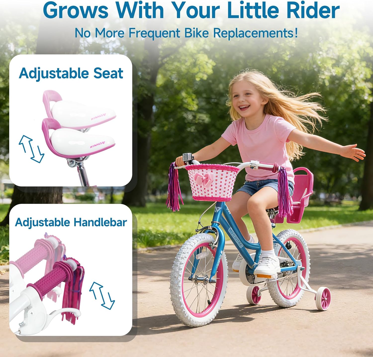 WinHope Girls Bike with Doll Seat, 12 14 16 18 20 Inch Kids Bike for 2-12 | Dual Brake with Training Wheels / Kickstand & Streamers Birthday Gift for Toddler Outdoor Riding, Multiple Colors