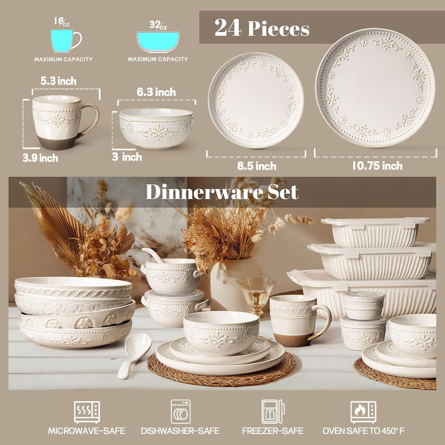 Artena Plates And Bowls Sets, 24 Pieces Dinnerware Sets, Dish Set For 6, Ceramic Kitchen Bowl And Plate Set, Embossed White Dishware Sets, Dishwasher & Microwave Safe (Damask Floral) (With Mugs)
