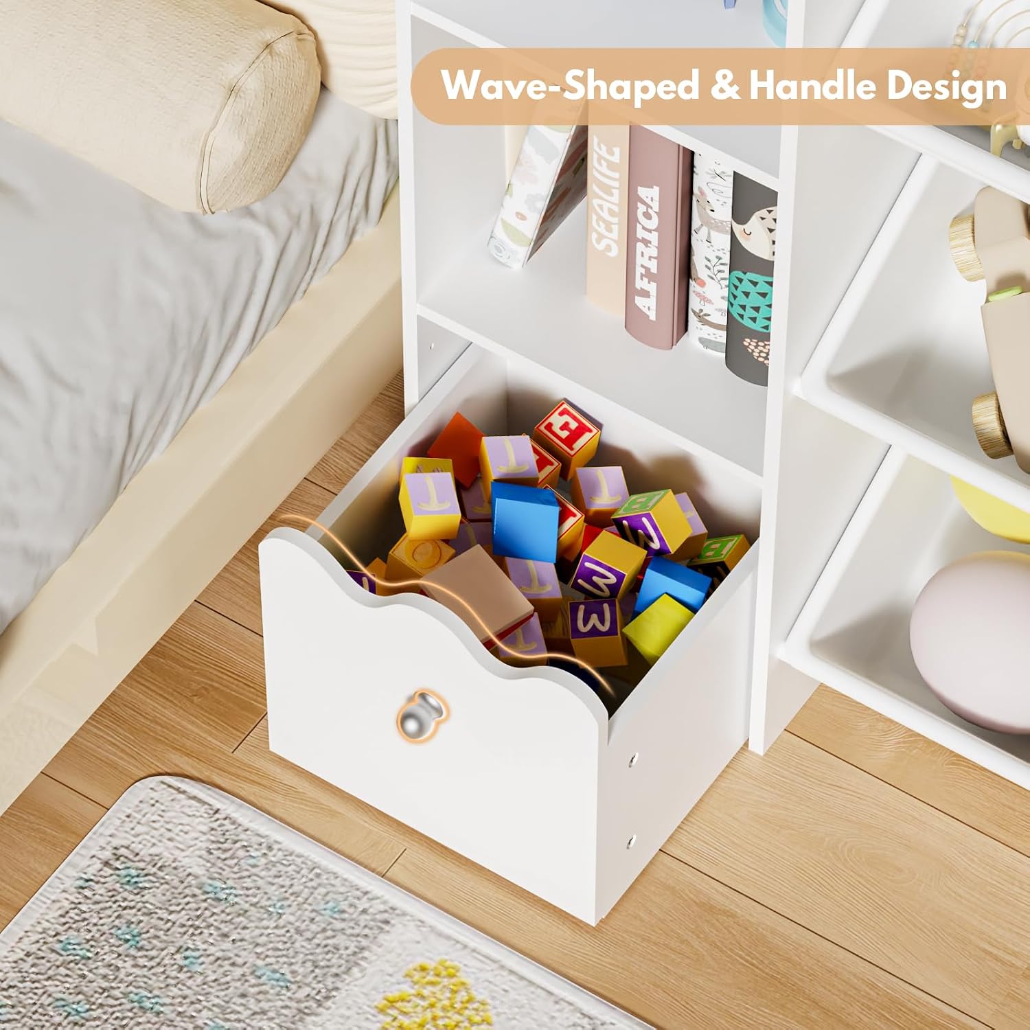 HOMMPA 55' W Kids Toy Storage Organizer with 2 Movable Drawer 4-Tier Bookshelf for Kids Children's Organizer Cabinet with 8 Toy Bins for Playrooms, Classroom and Nurseries,White