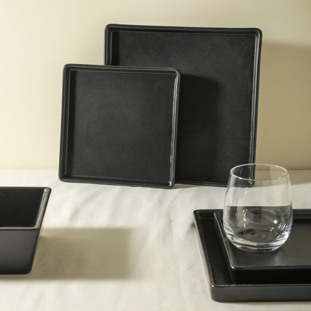 Stone Lain Grace Square Stoneware Dinnerware Set, 24 Piece Service For 8, Plates and Bowls Dish Set, Black