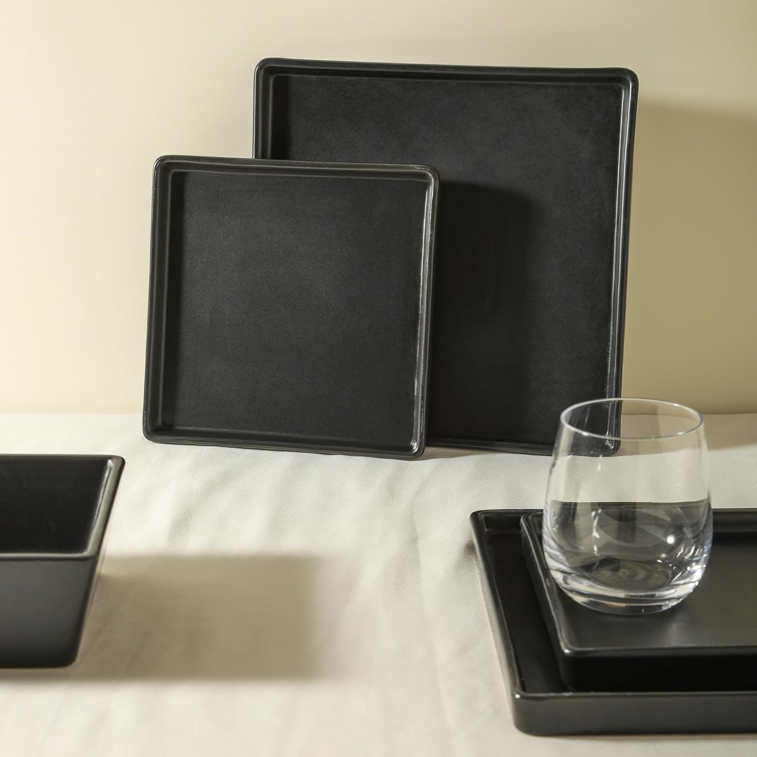 Stone Lain Grace Square Stoneware Dinnerware Set, 24 Piece Service For 8, Plates and Bowls Dish Set, Black
